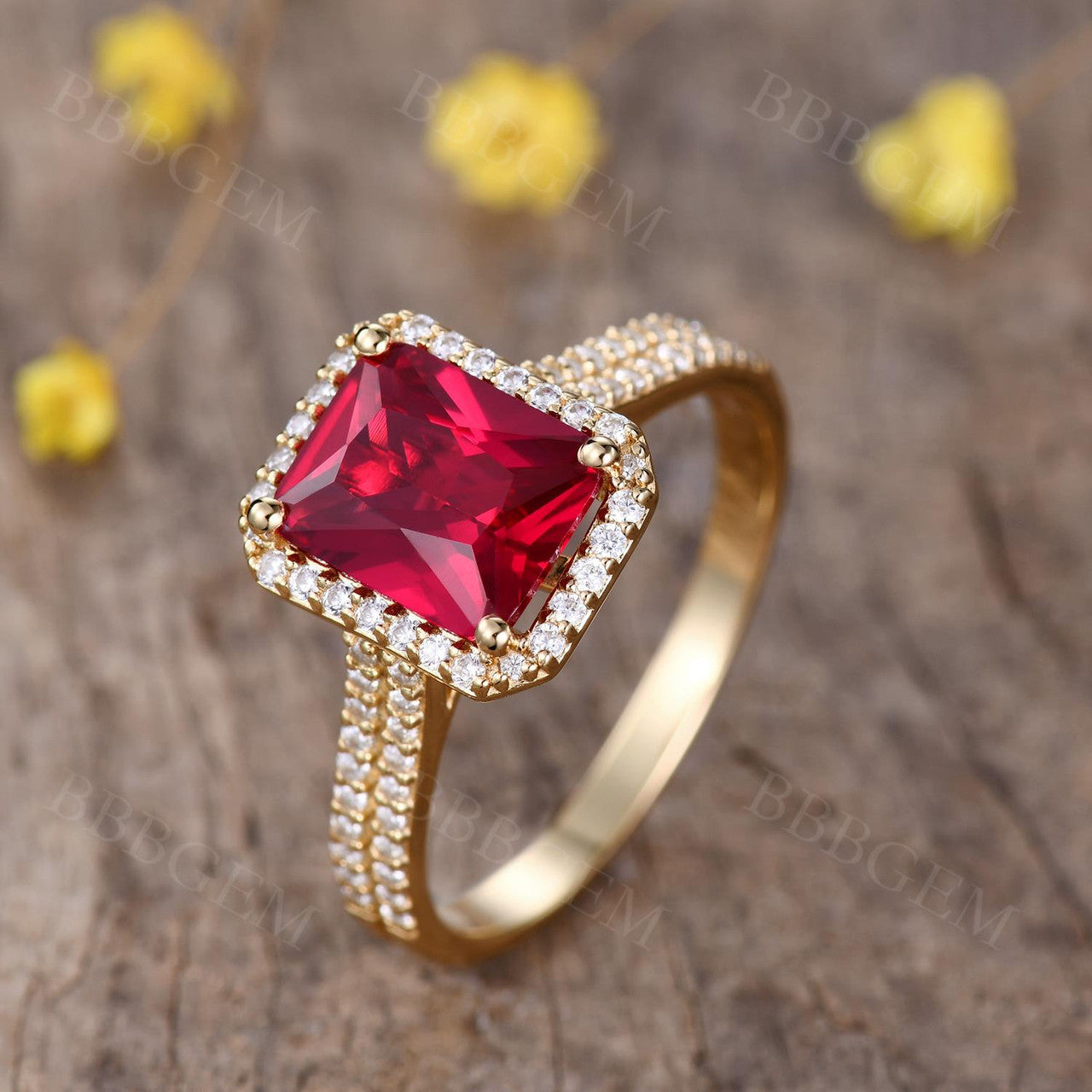 Vintage 8X10mm Yellow Gold Ruby Engagement Ring with Diamond Halo Wedding Band - 4 Carat Genuine Ruby & Diamond Ring for Women, Perfect for Proposals, Anniversaries & Special Occasions