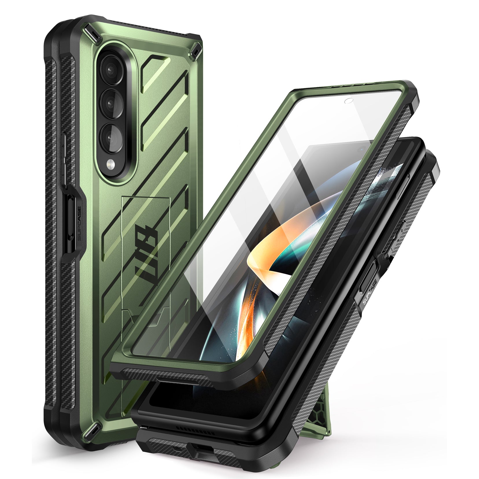 Samsung Galaxy Z Fold 4 Case with Built-in Kickstand & Screen Protector - Dark Green Protective Cover for Work, Travel & Daily Use