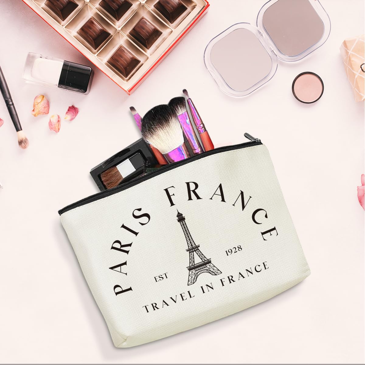 Parisian Makeup Bag - Waterproof Travel Cosmetic Organizer for Women | French Themed Toiletry Pouch | Perfect Gift for Paris Lovers (Christmas, Birthday, Anniversary) | Great for Travel, Gym & Daily Use