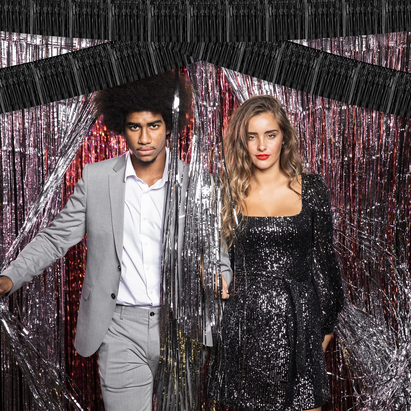 10 Pack 10 Feet Black Foil Fringe Garland - Metallic Tinsel Streamers for Party Decorations | Wedding, Birthday, Christmas, Halloween, Bachelorette & Parade Backdrop | Wall Hanging Curtain & Photo Booth Decor