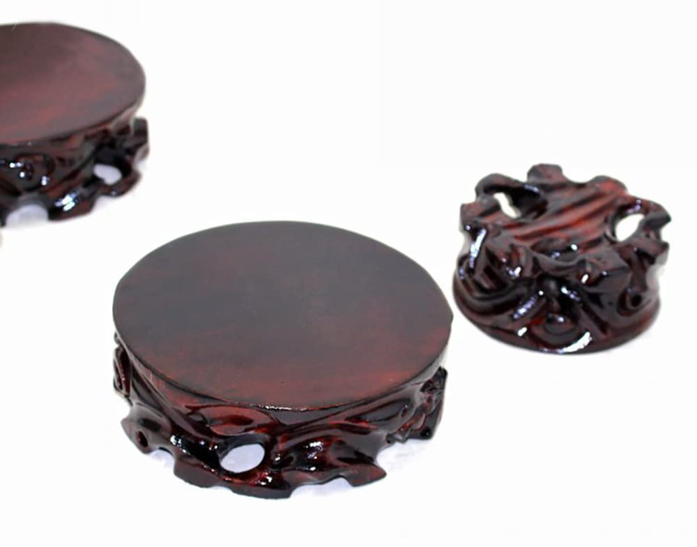Solid Wood Rosewood Carved Vase Stand with Stone Base - 4.3 Inch Round Planter & Teapot Pedestal for Home Decor, Table Centerpiece, and Plant Display