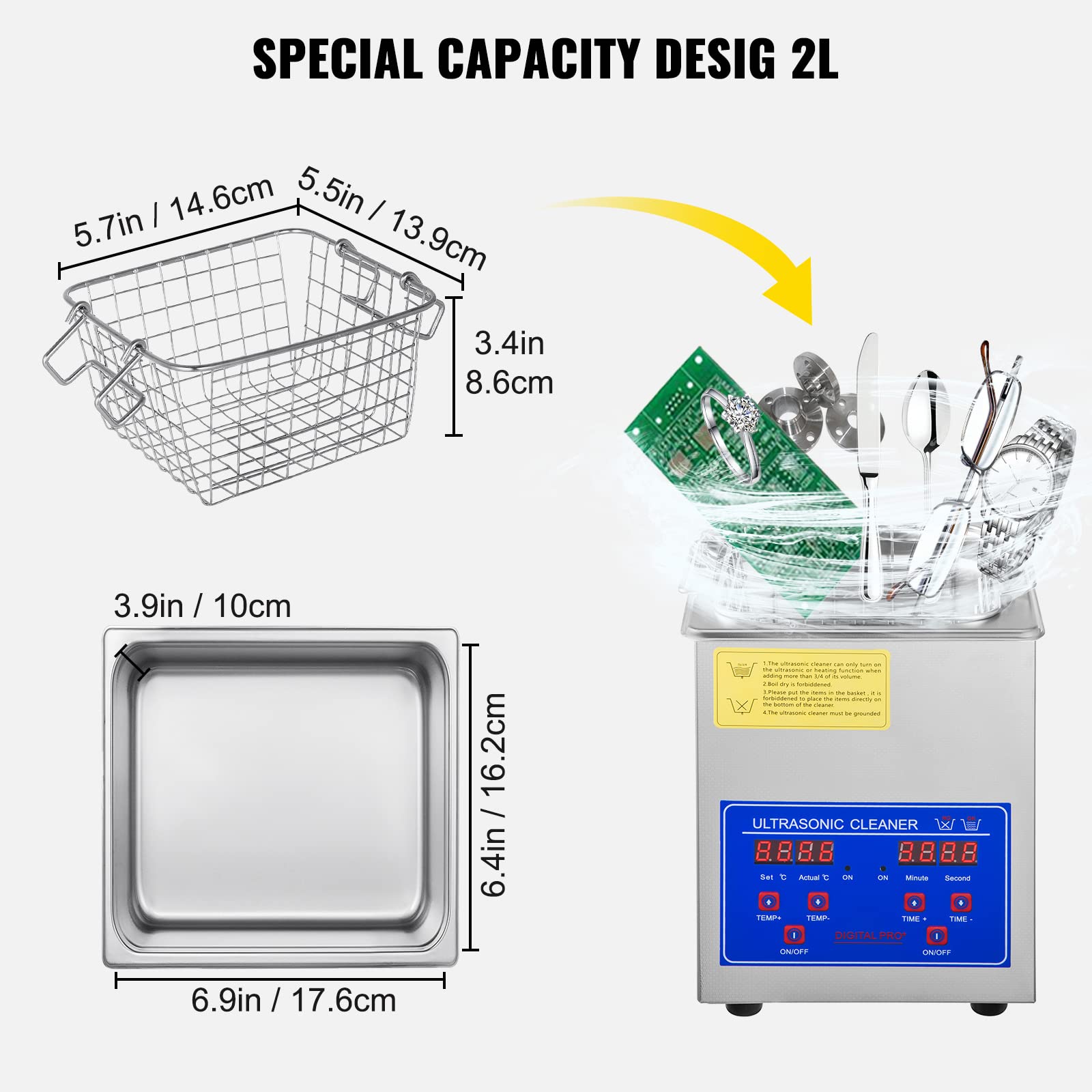Mophorn 2L Ultrasonic Cleaner for Jewelry, Eyeglasses, Watches - Digital Timer, Stainless Steel Basket - Perfect for Home, Commercial & Industrial Use