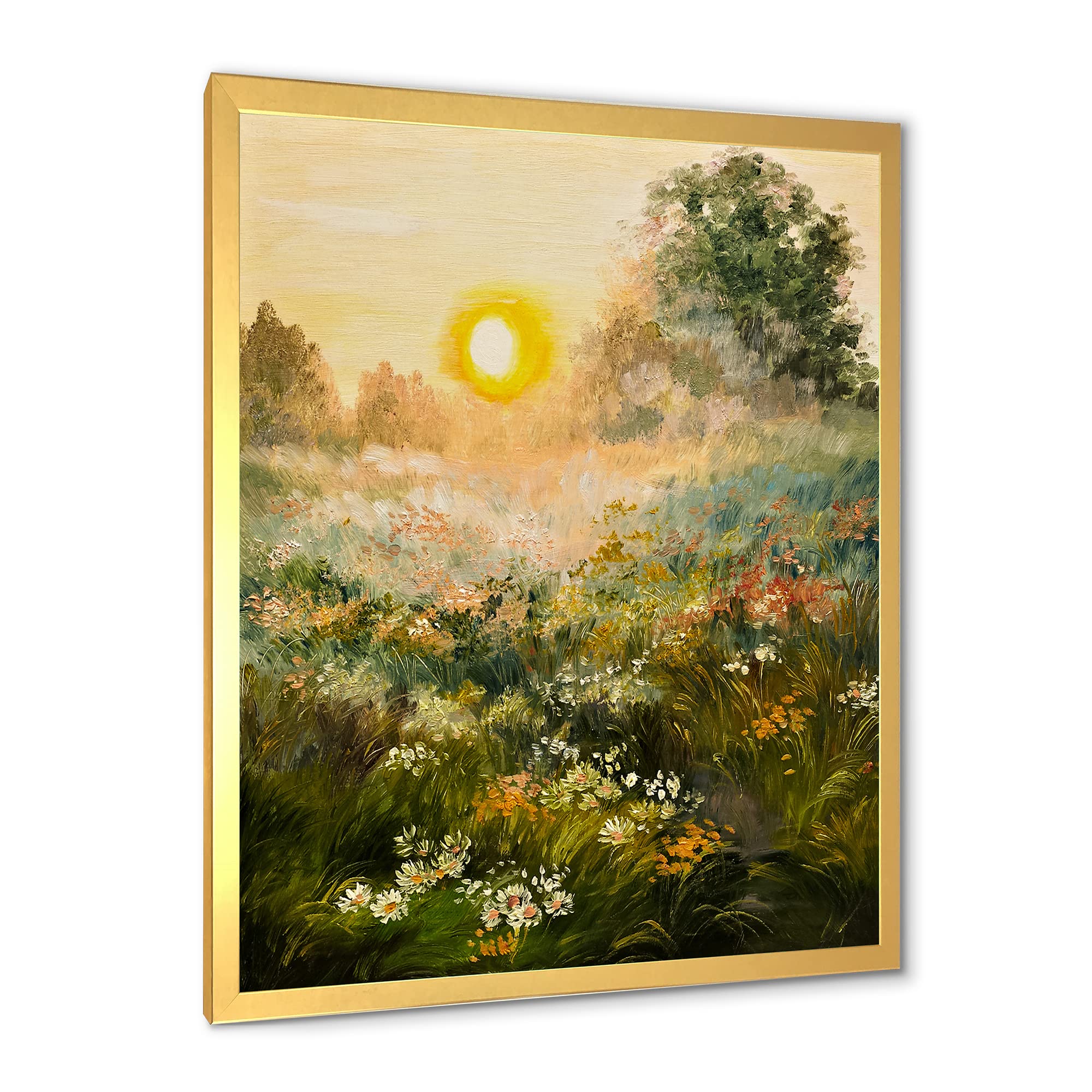Sunrise In The Blossoming Field - Farmhouse Framed Wall Art Decor for Living Room, Bedroom & Office - Rustic Landscape Painting for Home & Office Interior Design