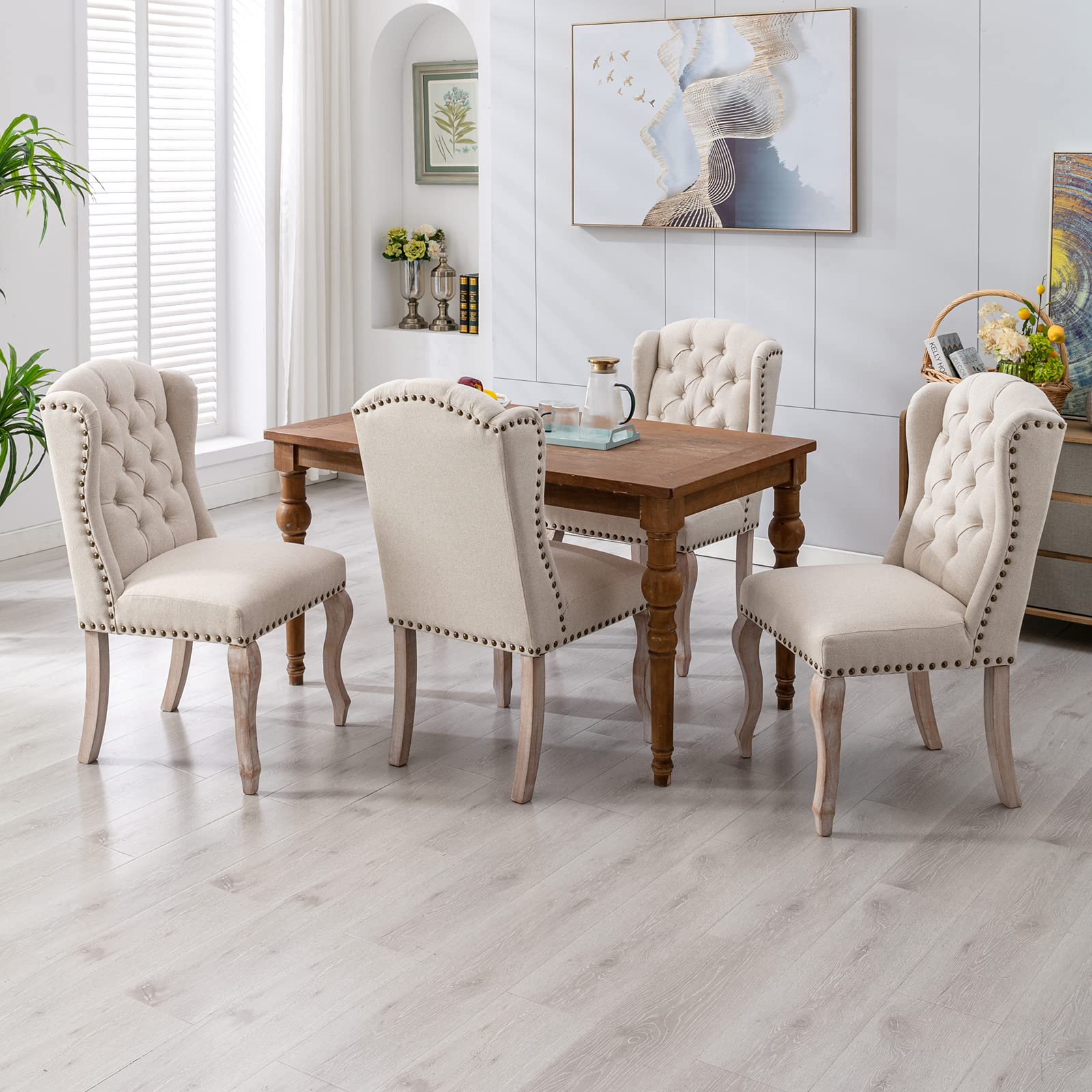 Mid Century Modern Accent Dining Chairs Set of 2 - Upholstered Parsons Wingback Chairs with Solid Wood Legs, Tufted Side Chairs for Kitchen, Dining & Living Room in Linen Cream - Perfect for Home Decor, Entertaining & Small Space Dining