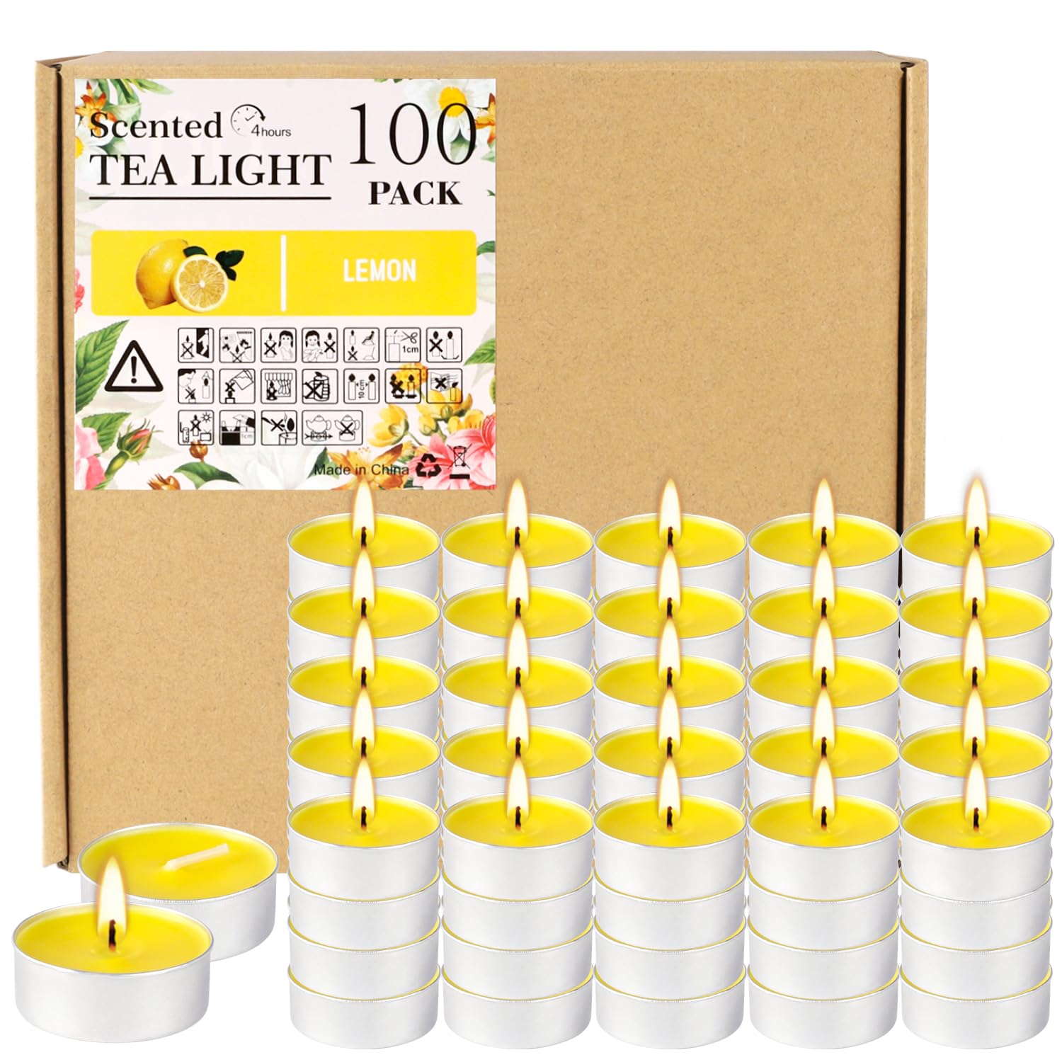 100-Pack Lemon Scented Tealight Candles - 4-Hour Burn Time, Aromatherapy Votive Candles for Home, Wedding, Holiday & Emergency Use - Yellow (Perfect for Relaxation, Meditation & Decor)