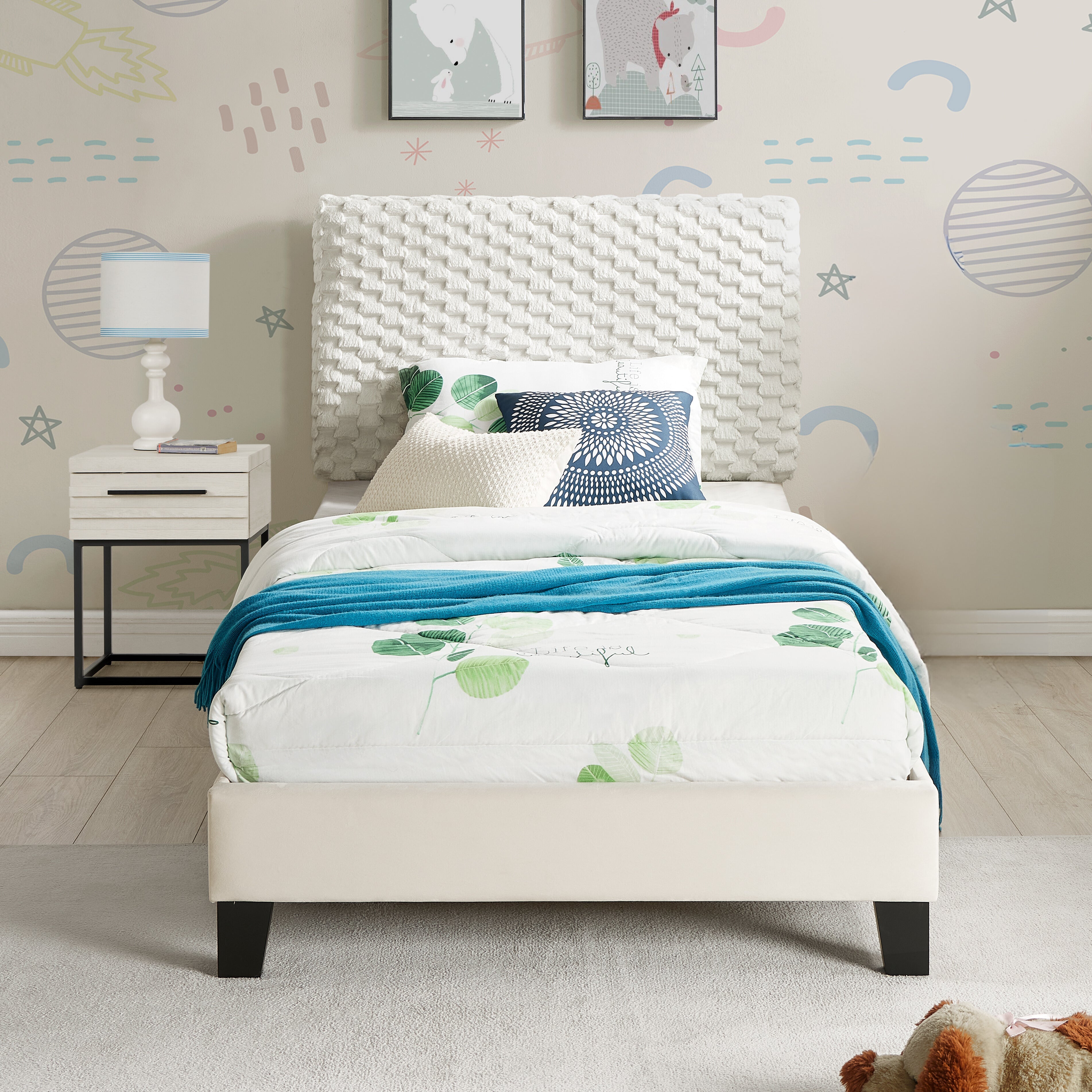 Roundhill Furniture Findlay 3-Piece Upholstered Bedroom Set - Queen Size Plush Fabric Bed with Matching Nightstand | Modern Bed Frame & Storage Drawers for Master Bedroom, Guest Room, or Apartment