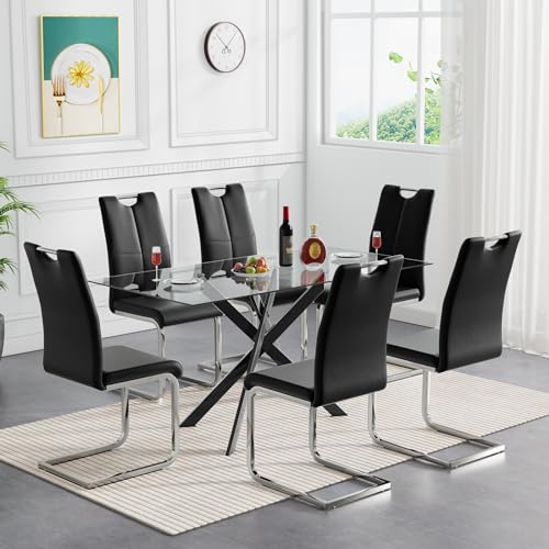 Clear Table With 6 Black Silver Chairs