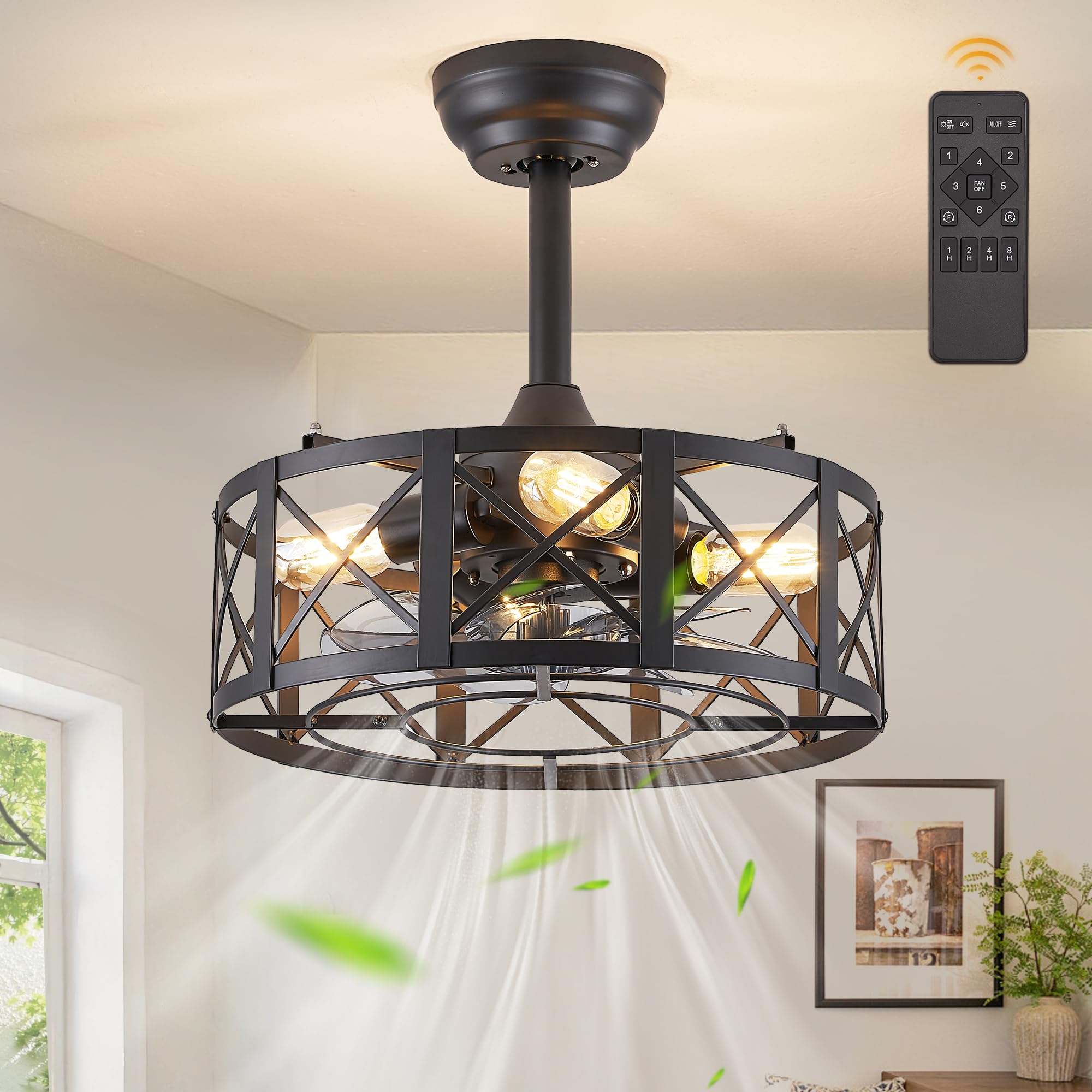 16 Inch Black Caged Ceiling Fan with Light and Remote Control - 6 Speed Adjustable Farmhouse Style Fandelier with Timer - Perfect for Kitchen, Bedroom, Outdoor Patio, and Living Room Decoration