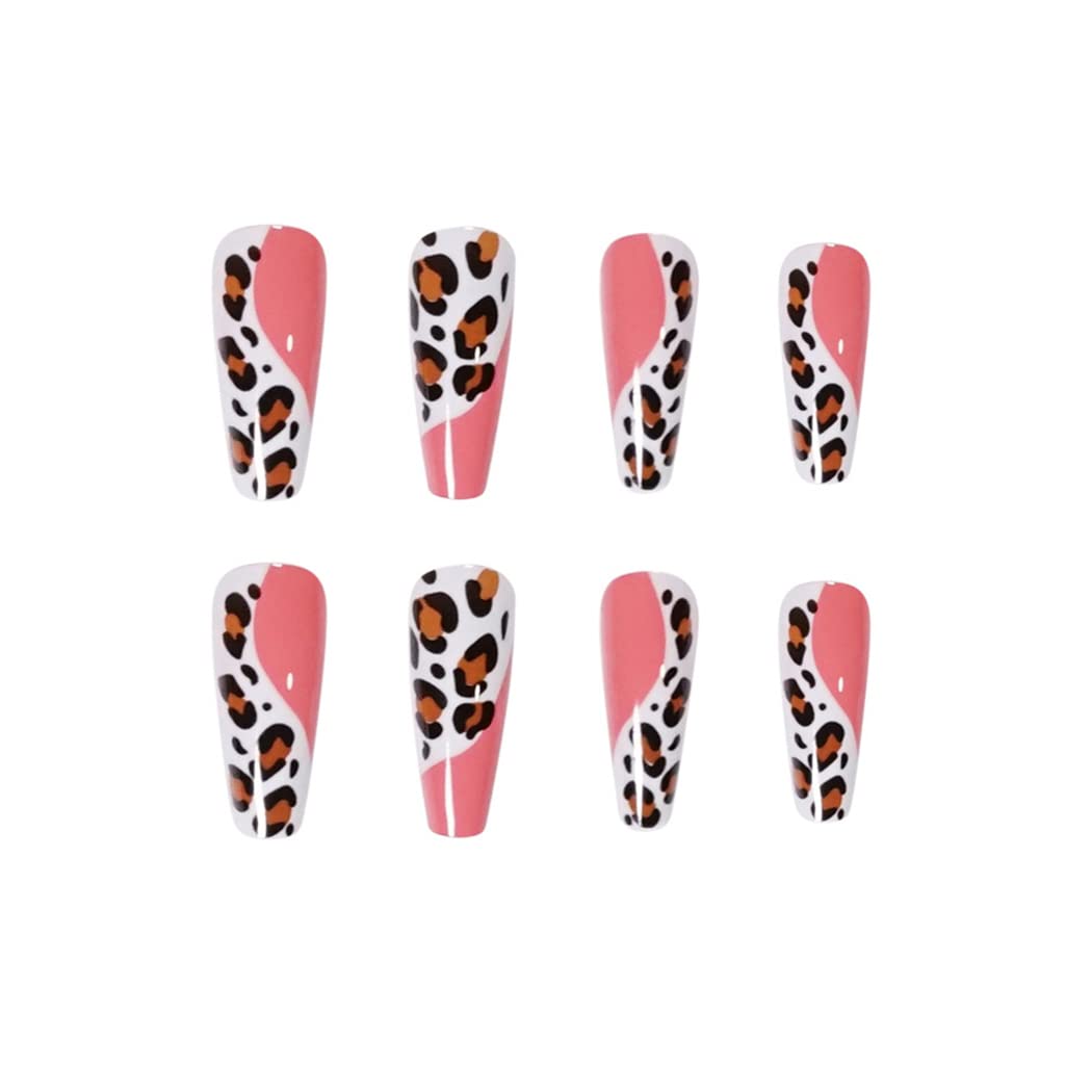 Extra Long Coffin Press on Nails - Glossy Pink Leopard Fake Nails with Ballerina Design - 24Pcs Full Cover Artificial Nails for Women & Girls - Perfect for Parties, Weddings, and Special Occasions
