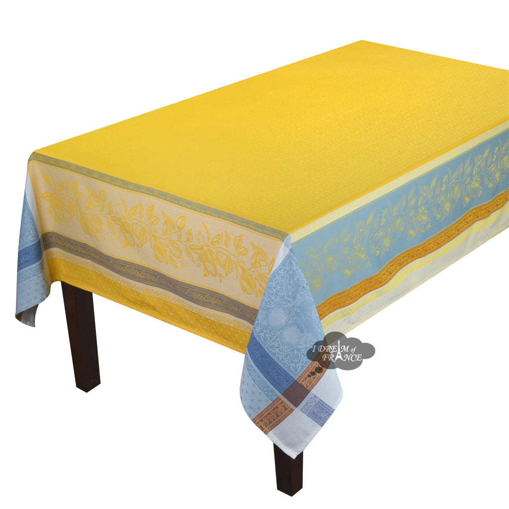 62x98 Inch Rectangular Cedrat Yellow & Blue French Cotton Jacquard Tablecloth by Tissus Toselli - Elegant Dining Table Cover for Dinner Parties & Home Decor
