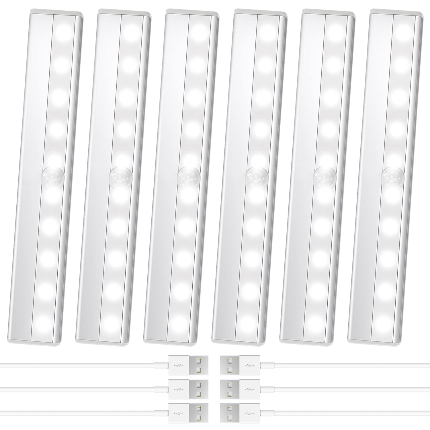 6 Pack Motion Sensor LED Closet Lights - 10 LED Stick-on Magnetic Wireless Under Cabinet Lights, Rechargeable Battery Night Light Bar for Closet, Kitchen, Hallway, Stairs - Perfect for Dark Spaces, Bedrooms & Home Safety Lighting
