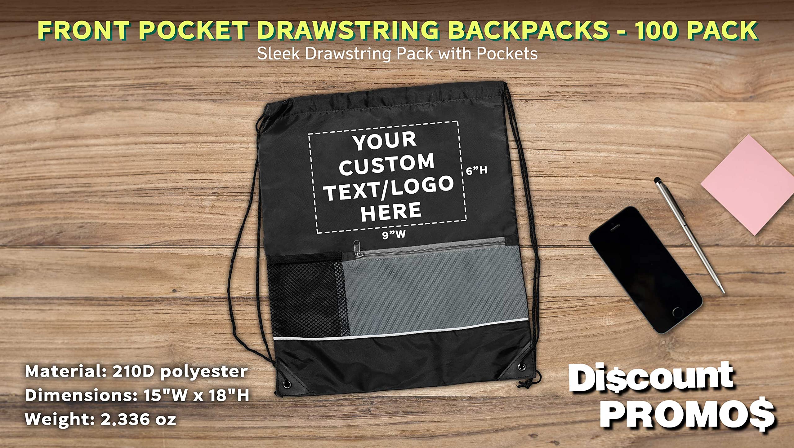 Custom Front Pocket Drawstring Backpacks - Bulk Pack of 100, Personalized Reusable Lightweight Sports Bags for Gym, Travel & Promotional Events - Black