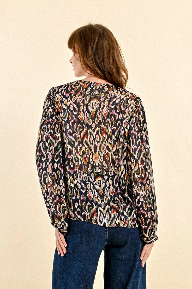 Melly Navy Print Woven Blouse for Women - Stylish Casual Button Down Shirt for Office, Date Night & Everyday Wear
