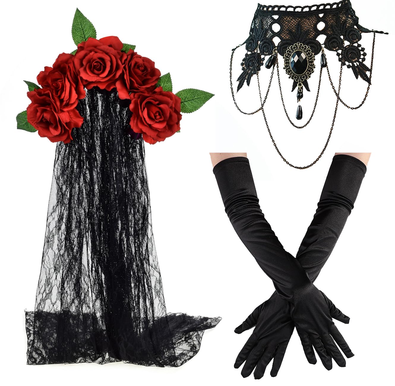 June Bloomy Day of the Dead Floral Crown - Mexican Rose Flower Headband with Veil for Halloween Costume, Dia de los Muertos Celebration & Festival Accessories
