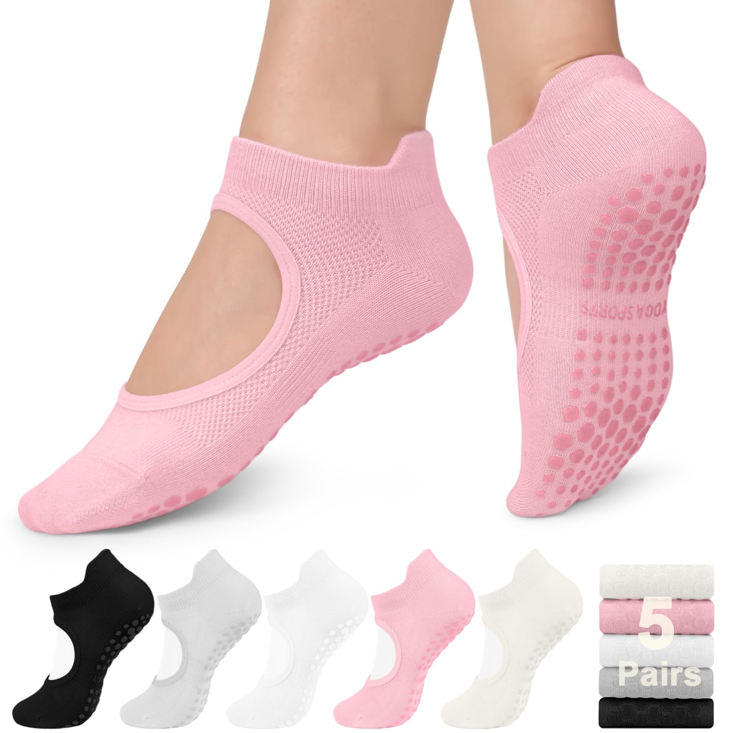 5 Pairs Non-Slip Yoga Socks with Grips for Women - Perfect for Pilates, Barre, Ballet, Dance & Hospital Use - Breathable Workout Socks for Fitness & Dance Classes