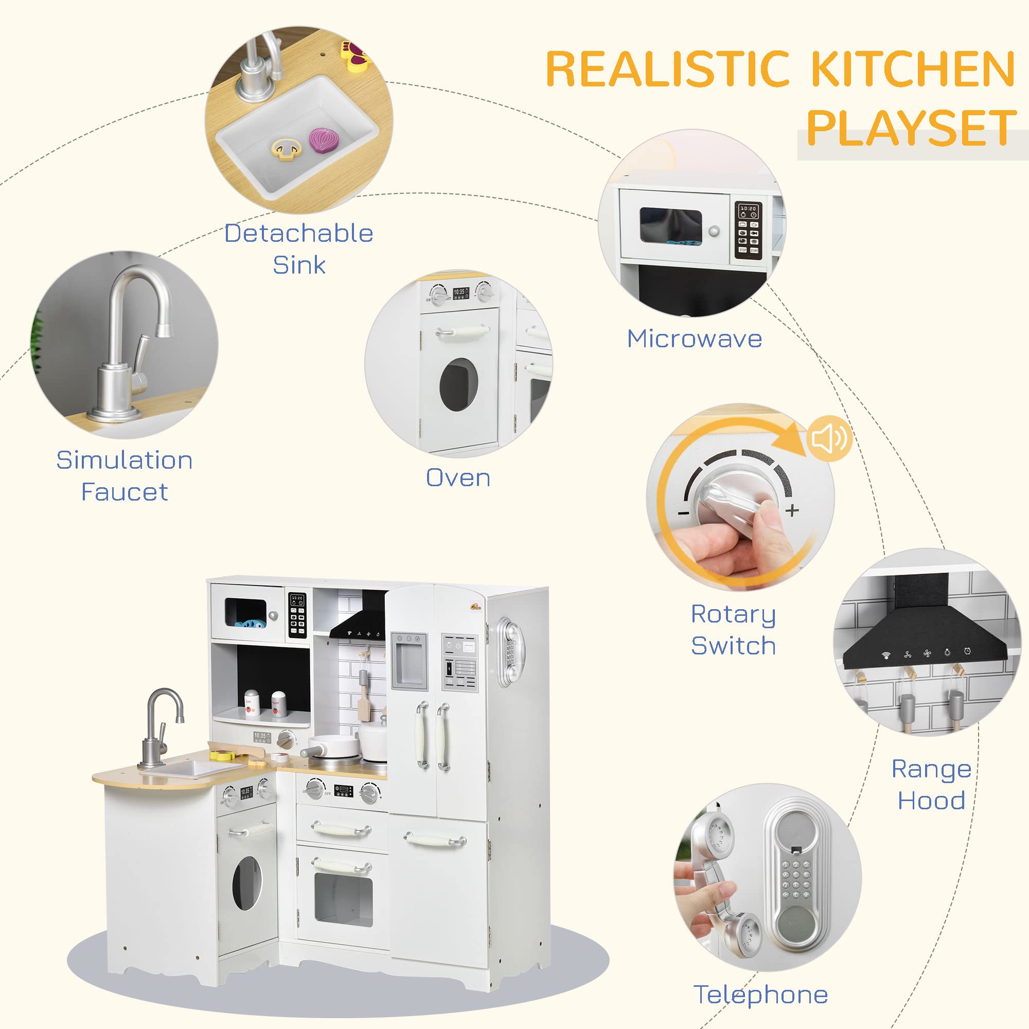 Qaba Corner Kitchen Playset with Cooking Set, Realistic Kids Kitchen with Range Hood, Microwave, Oven, Stove, Refrigerator & Telephone, Interactive Pretend Play Kitchen with Sound Effects for Toddlers - Perfect for Home Playroom & Preschool Learning
