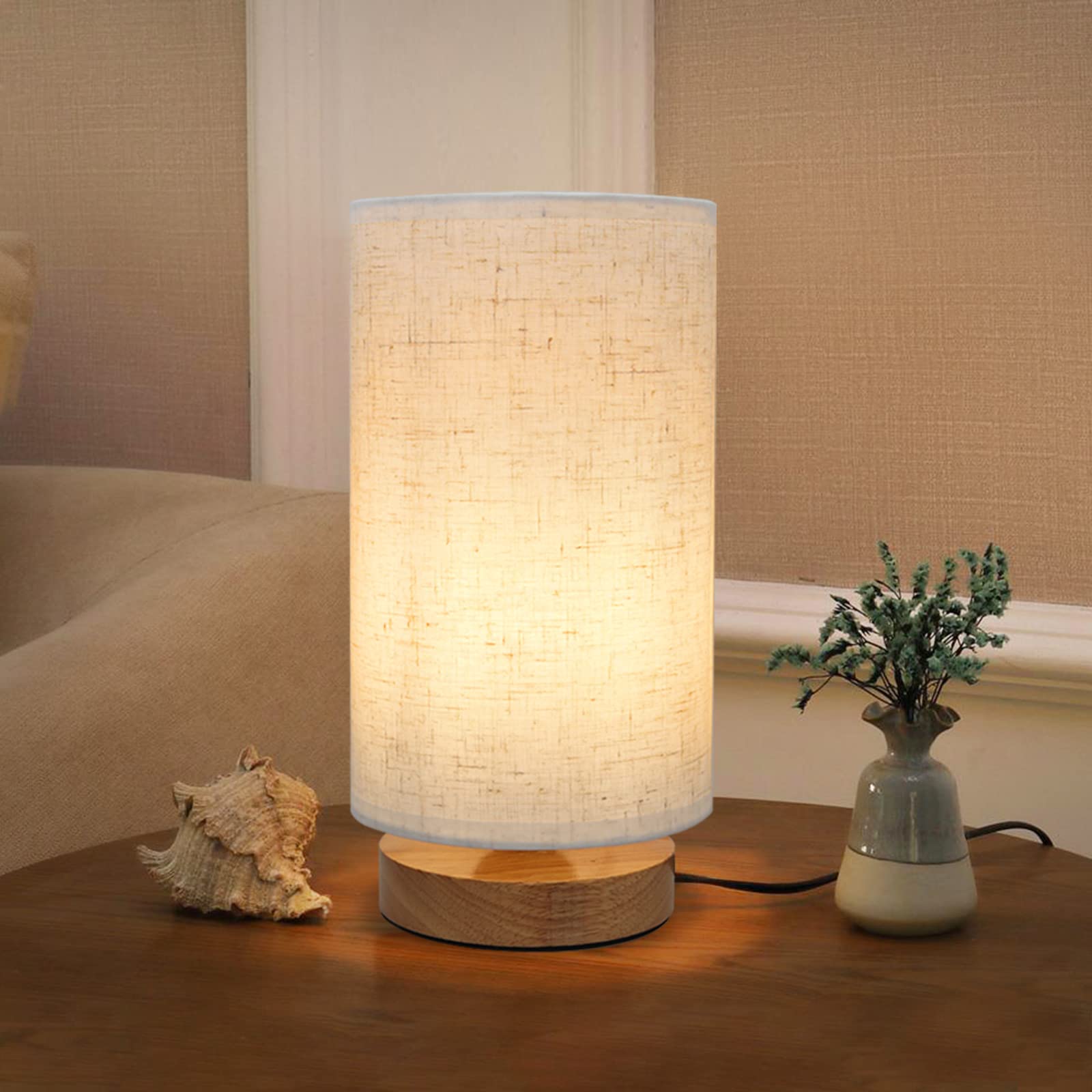 Minimalist Round Flaxen Fabric Shade Bedside Table Lamp - Warm White Nightstand Light for Bedroom, Living Room & Dorm (Bulb Included) | Perfect for Reading, Relaxing & Creating Cozy Ambience