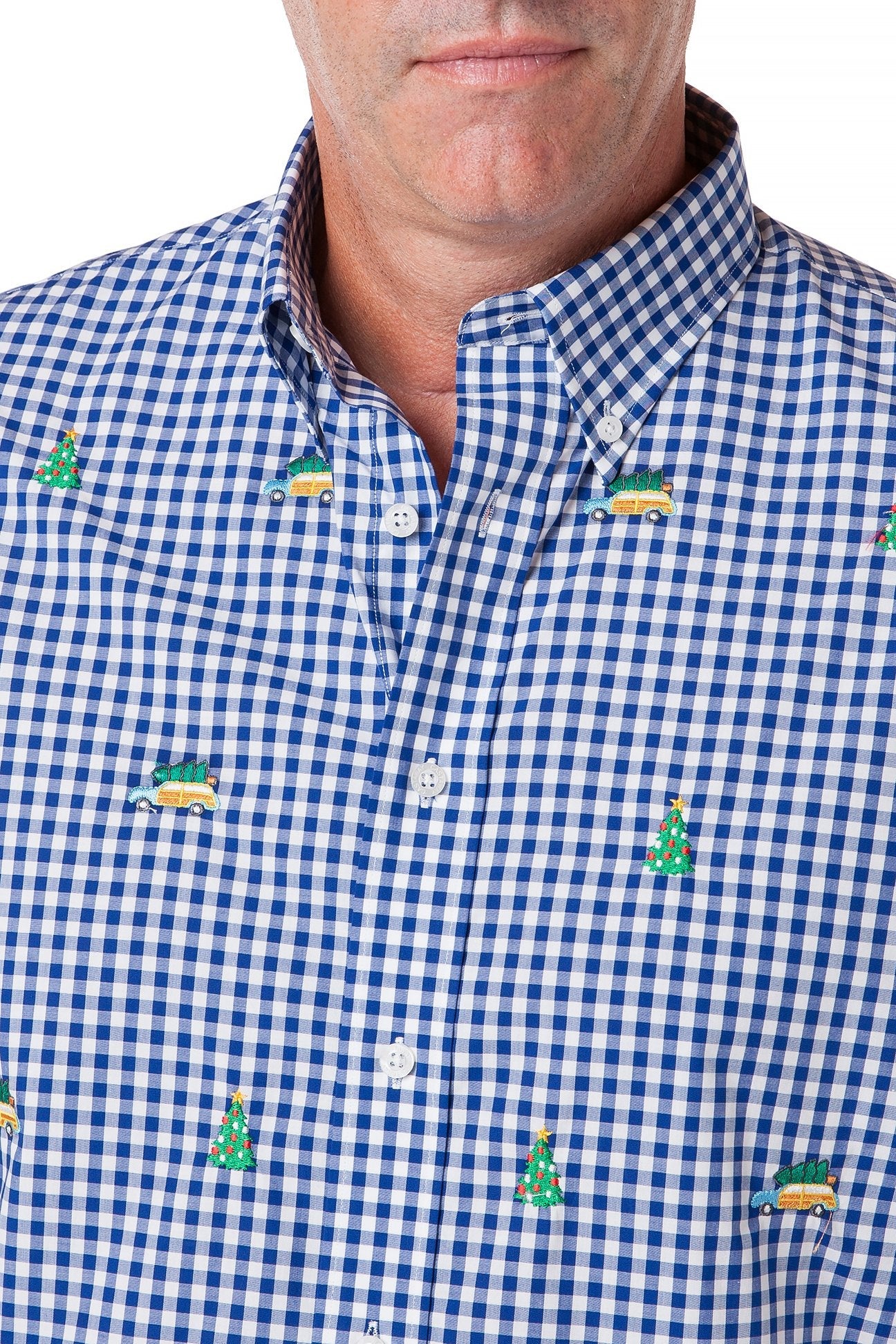 Straight Wharf Shirt Wide Gingham Royal Blue with Woody and Christmas Tree Print - Casual Button Down Shirt for Men - Perfect for Holiday Parties, Christmas Gatherings and Festive Office Wear