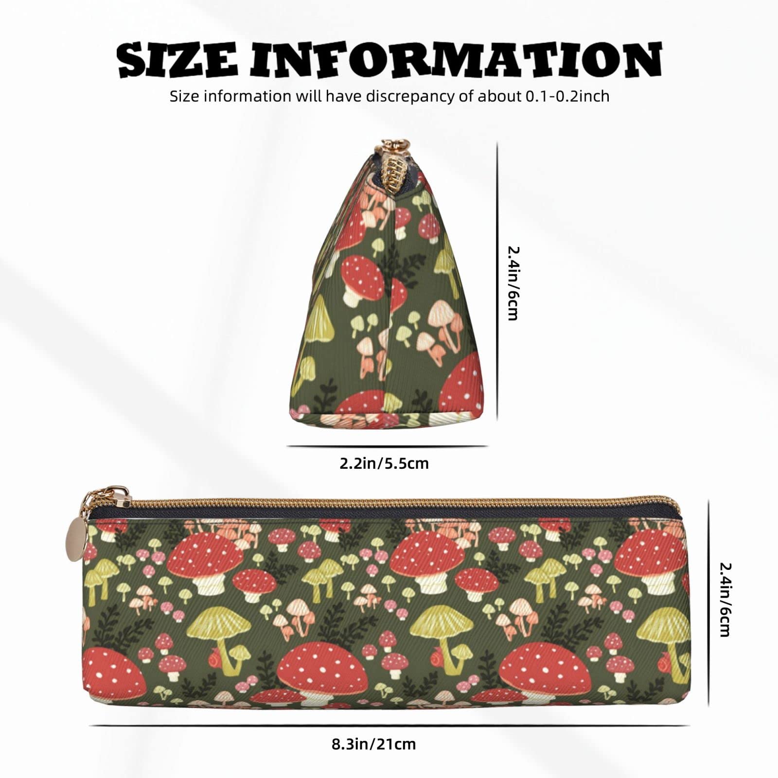 Mushroom Pattern Leather Pencil Case with Zipper - Stylish Pen & Makeup Pouch for School, Office, Work or Travel - Perfect Stationery Organizer for Students & Professionals
