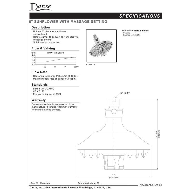 Danze Sunflower High Pressure Shower Head with Massage Function - Brushed Nickel Finish - 6 Inch Rain Shower for Spa-Like Relaxation in Bathroom