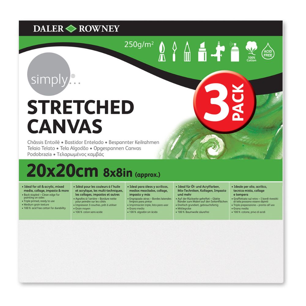 Daler Simply Canvas 3-Pack 20x20cm (8x8 Inches) - Premium Stretched Cotton Canvas for Acrylic & Oil Painting - Perfect for Artists, Beginners & DIY Home Decor Projects