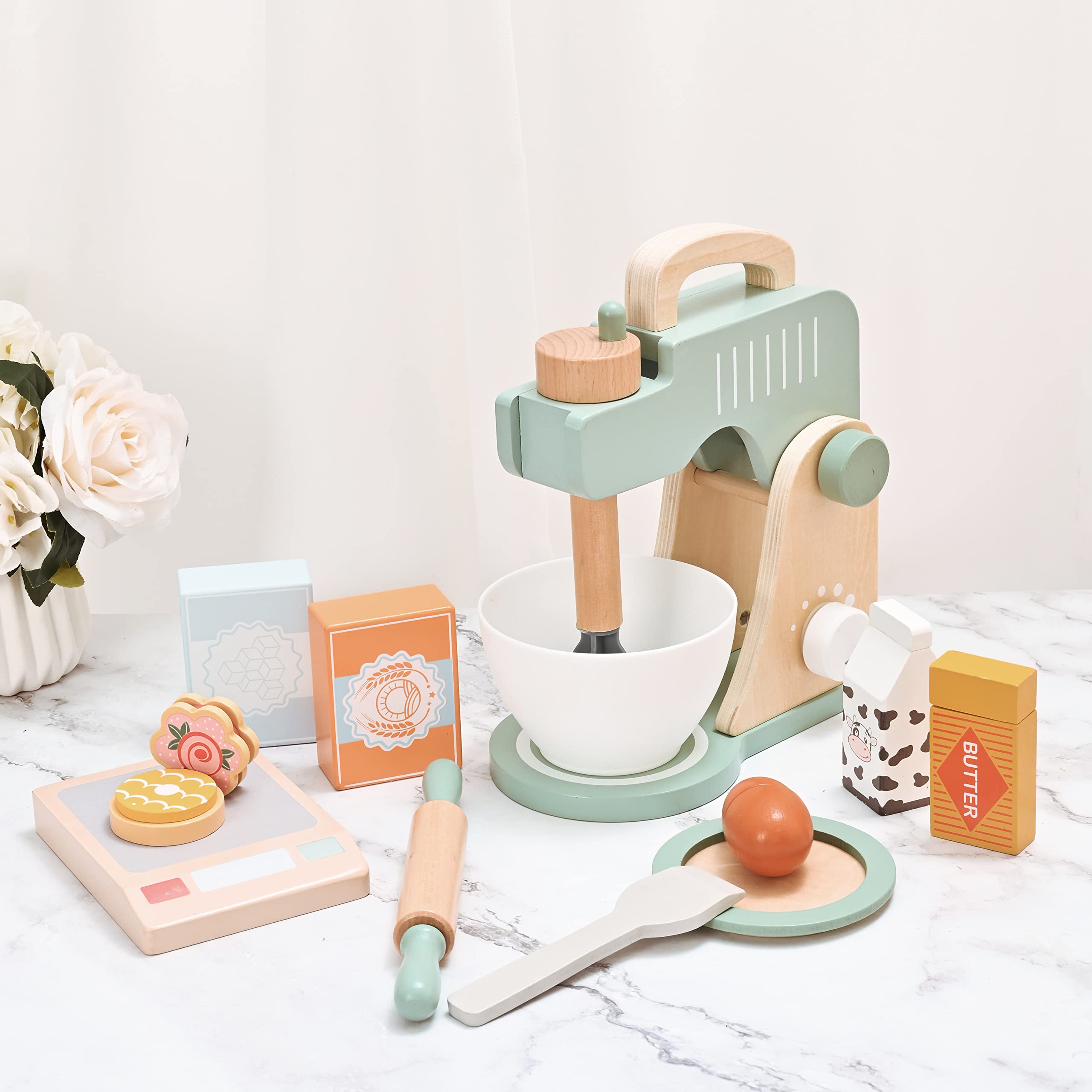 **Wooden Pretend Play Kitchen Accessories Set for Kids - Toy Mixer, Blender & Bake Cookies Playset - Educational Cooking Toys for Boys & Girls Ages 3+ - Perfect for Imaginative Play & Role-Playing Games**