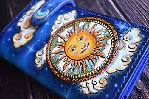 Handmade 3D Genuine Leather Biker Wallet for Men - Custom Engraved Sun Moon Galaxy Design - Personalized Long Leather Wallet for Daily Use & Gift Giving