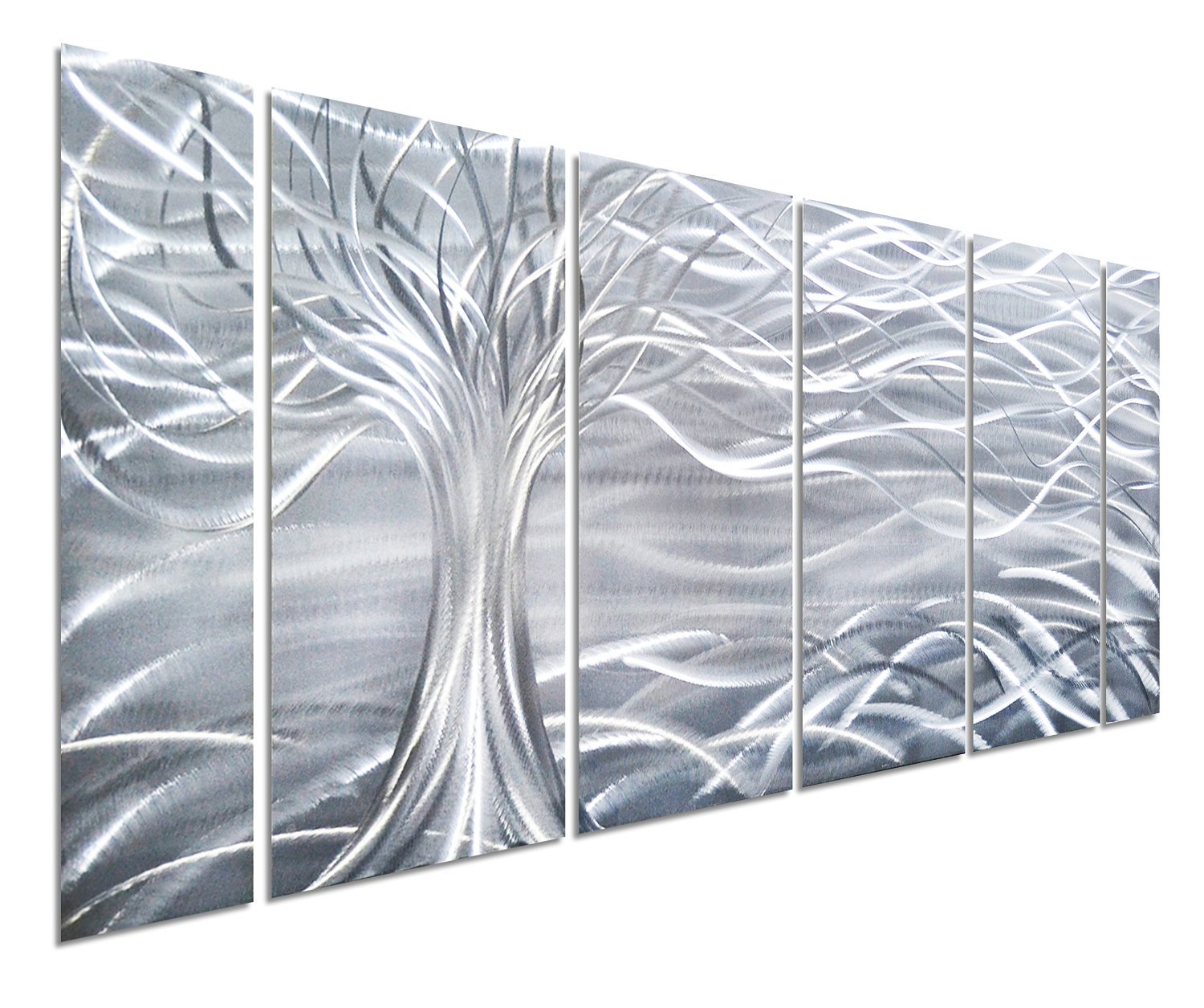 Pure Art Metal Wall Art - Silver Tree of Life Abstract Wall Decor - 3D Minimalist Wall Art for Modern & Contemporary Homes - Handcrafted 6-Panel Set (24x65 inches) - Perfect for Living Room, Bedroom & Office Decor