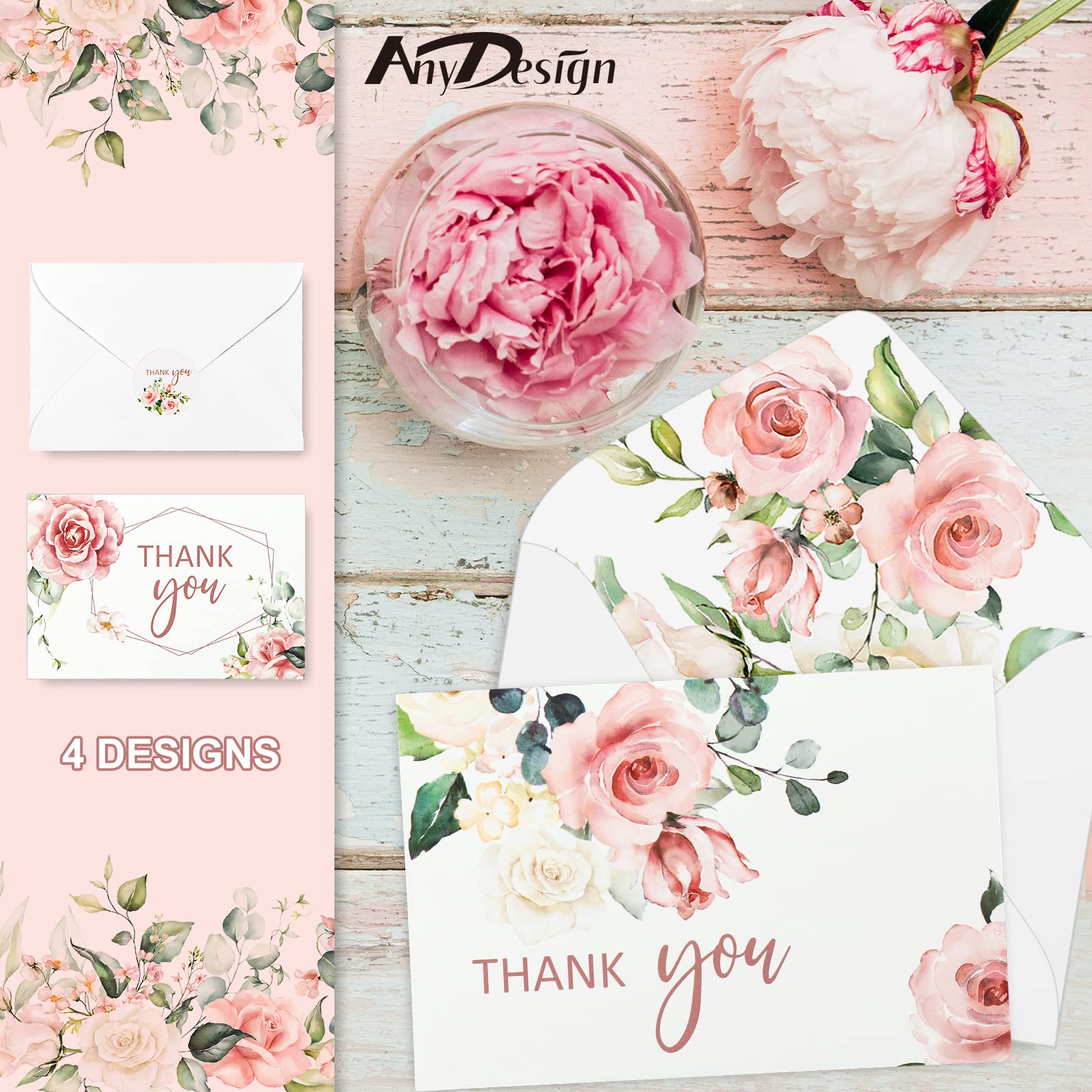 32 Pack Thank You Cards with Envelopes & Stickers - Blush Floral Blank Note Cards (4 Designs, 4x6 Inch) for Wedding, Baby Shower, Bridal Shower, Graduation, Birthday & All Occasions - Bulk Greeting Cards for Gifts, Invitations & Appreciation Notes