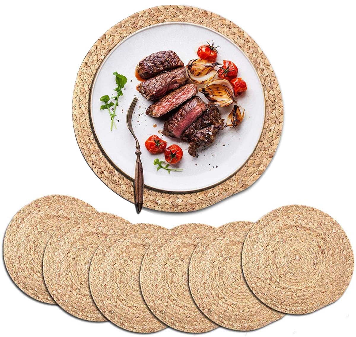 Set of 6 Natural Woven Water Hyacinth Placemats - 13.8 Inch Round Braided Rattan Table Mats, Non-Slip Farmhouse Charger Plates for Dining Table Decor, Kitchen, Party & Outdoor Picnic Use
