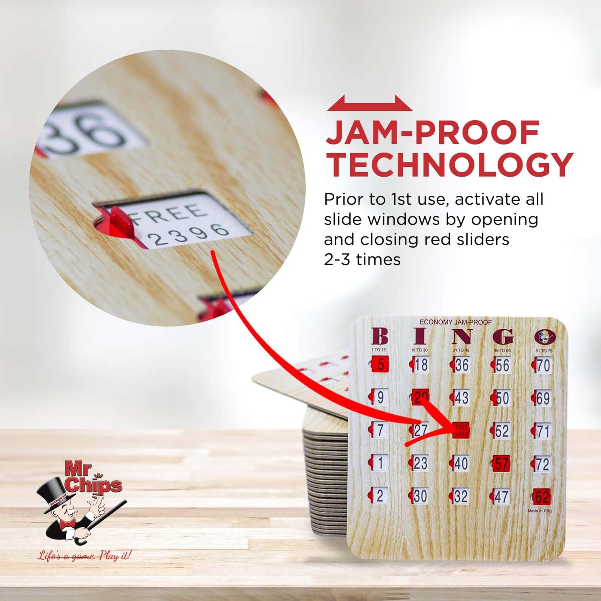 MR CHIPS Jam-Proof Fingertip Slide Bingo Cards with Sliding Windows - 200 Pack in Tan Style for Bingo Games, Casino Nights & Family Game Nights