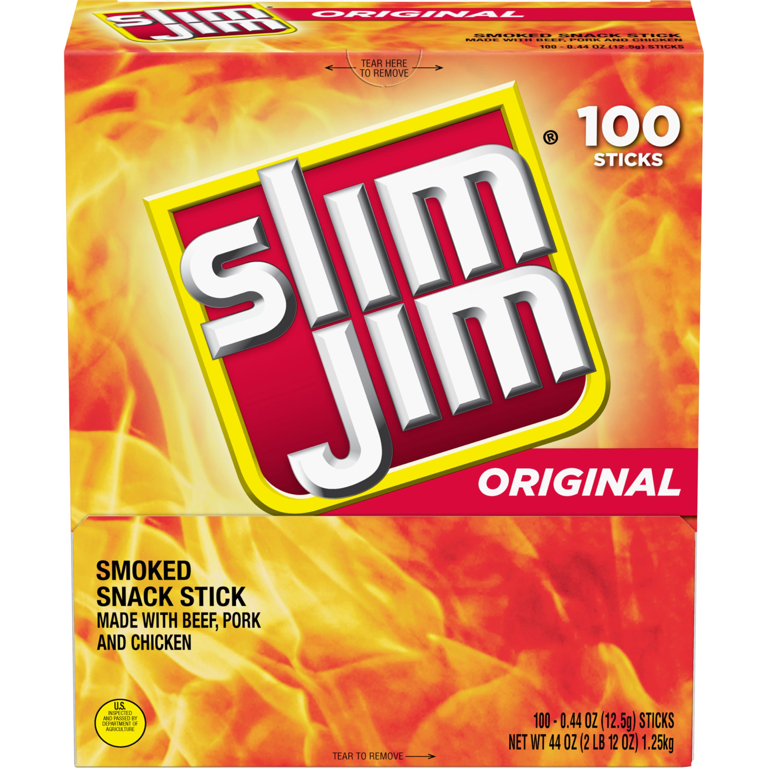 Slim Jim Original Smoked Meat Sticks - High Protein Snack (2g Protein Per Stick) - 0.44 oz. (100 Count) - Perfect for On-the-Go, Lunch Boxes, Camping & Road Trips