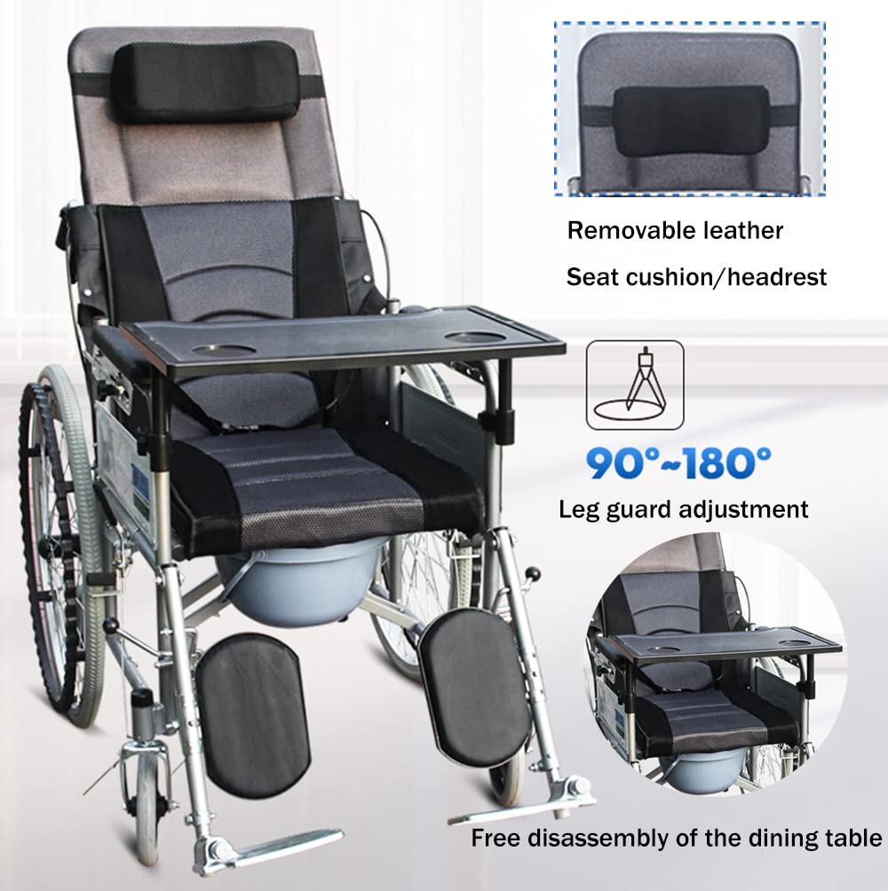 180° Reclining Wheelchair with Commode - 6-Speed Adjustable Folding Shower Chair for Elderly & Disabled Adults | Bedside Toilet & Bathroom Safety Solution for Home Care & Mobility Assistance