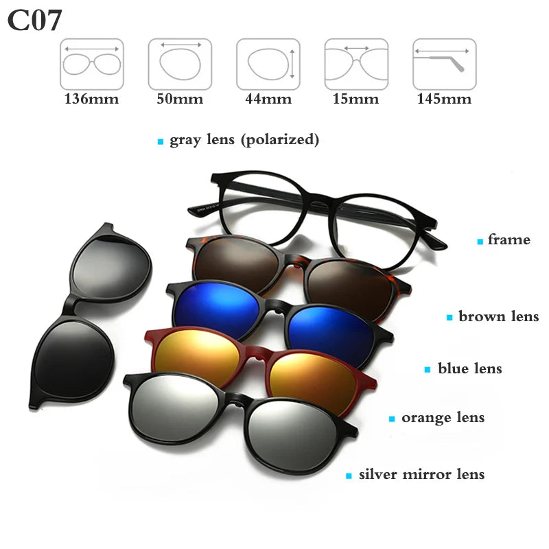 Belmon Unisex Square Eyeglasses with 5 Clip-On Sunglasses - Lightweight Blue Light Blocking Glasses for Men & Women - Perfect for Reading, Driving, and Outdoor Activities (RS159)