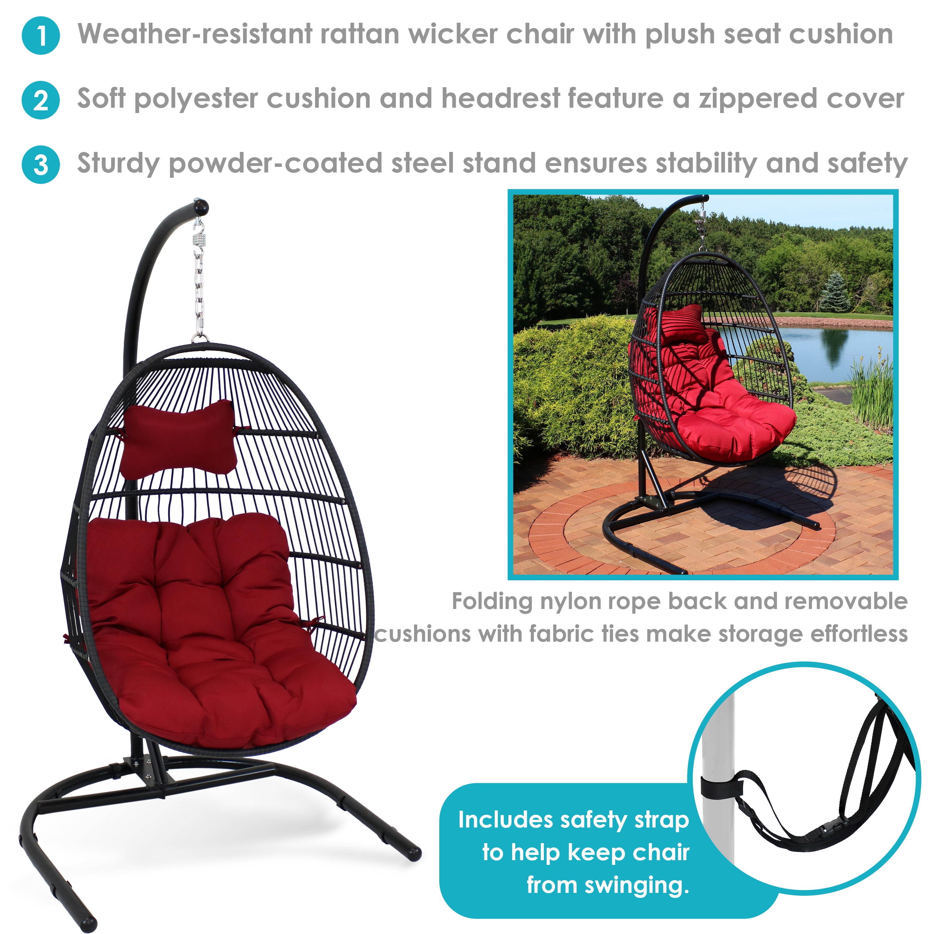Sunnydaze Julia Outdoor Hanging Egg Chair with Stand & Cushion - Patio, Garden, Backyard Relaxation Swing for Porch & Poolside