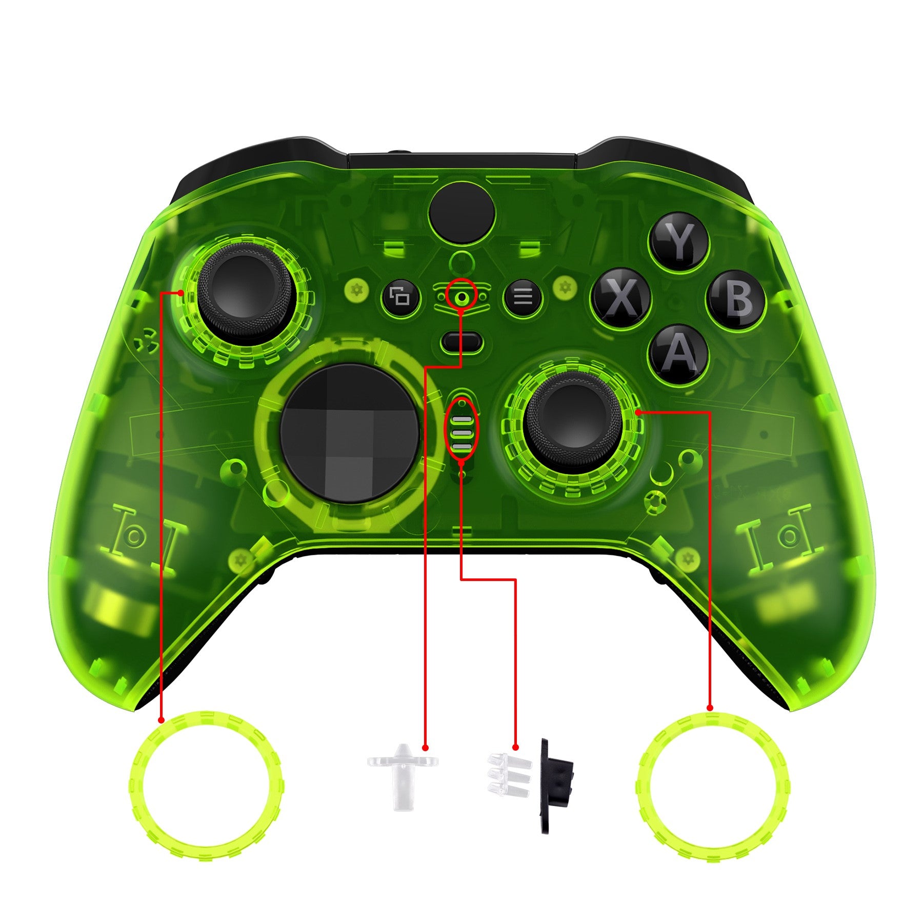 eXtremeRate Clear Lime Green Faceplate Cover & Front Housing Shell Case Replacement Kit for Xbox One Elite Series 2 Controller (Model 1797 & Core Model 1797) - Includes Thumbstick Accent Rings (ELM509) - Perfect for Gaming Enthusiasts & Controller Customization
