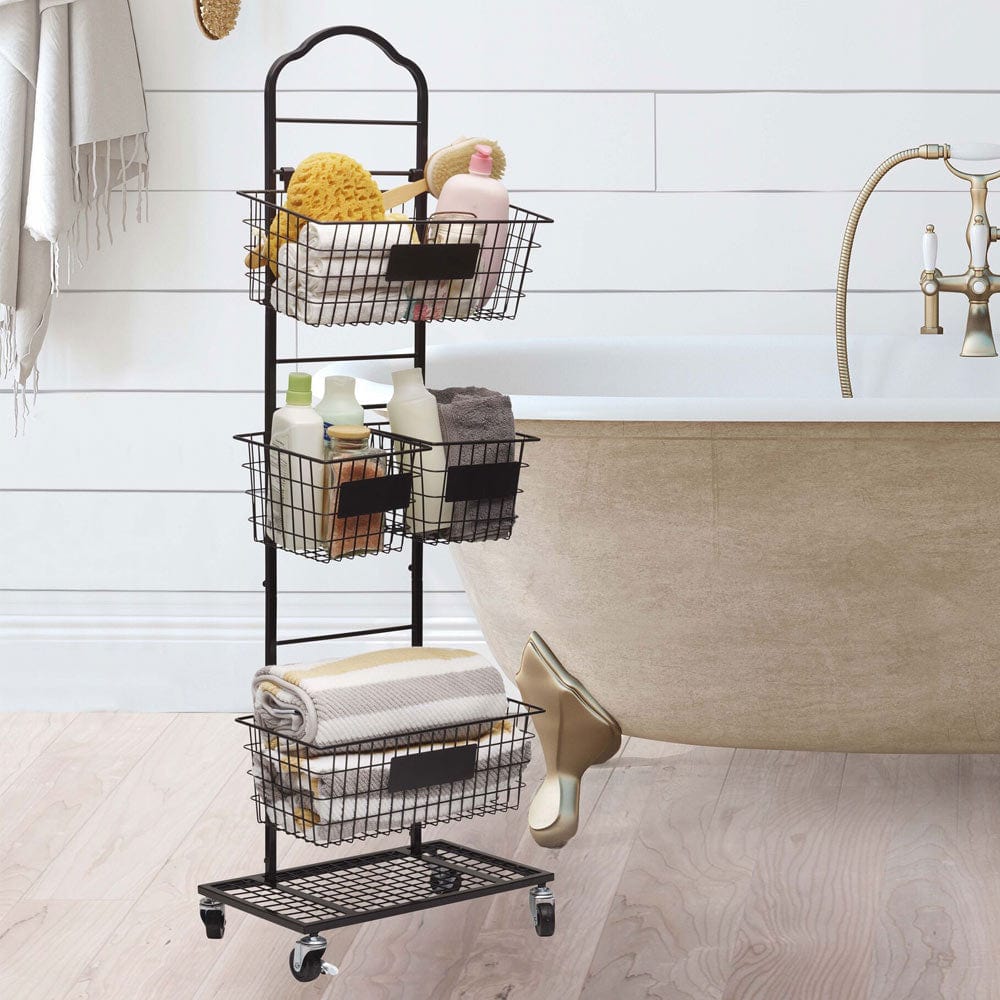 3-Tier Adjustable Metal Storage Rack with Chalkboard Plates - Space Saving Organizer for Kitchen, Bathroom, Office & Garage - Perfect for Storing Spices, Books, Tools & Cleaning Supplies