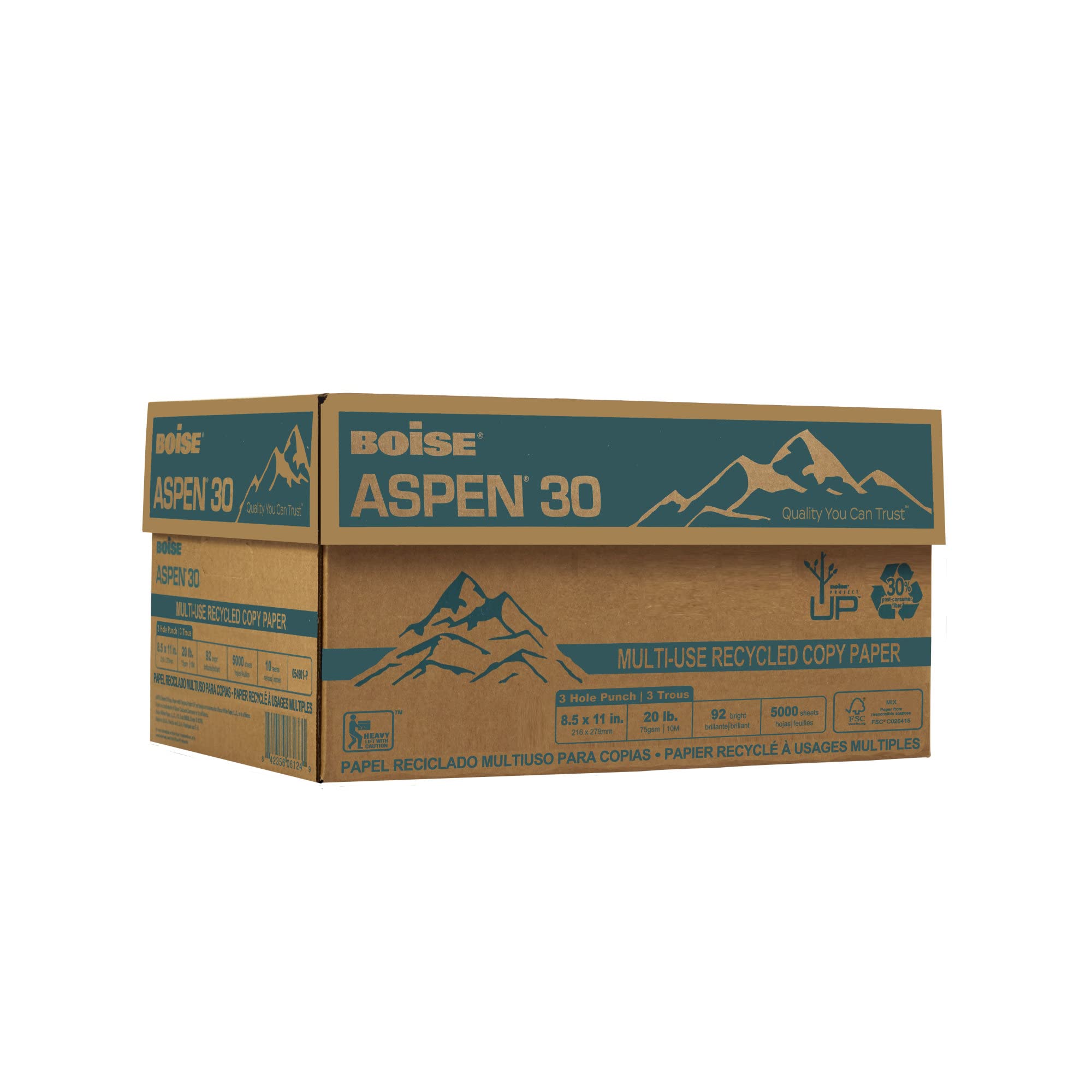 Boise® ASPEN® 30 Multi-Use Printer & Copy Paper - 10 Reams (5000 Sheets) - 3-Hole Punched, Letter Size (8.5