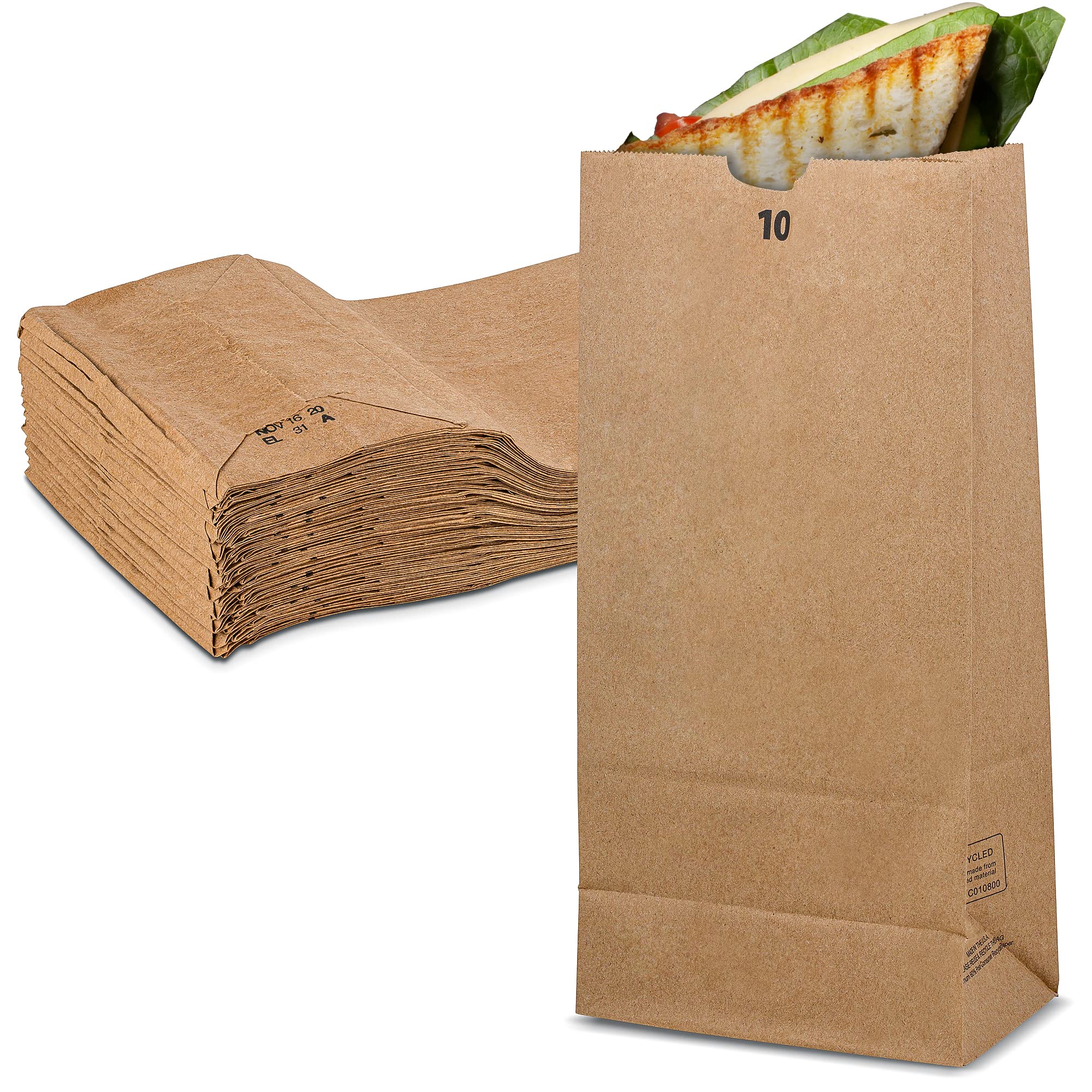 Eco-Friendly Brown Paper Bags - 100% Recyclable Lunch & Grocery Bags (50-Pack, 10 lbs) - Durable Kraft Paper for School Lunches, Picnics & Sustainable Shopping