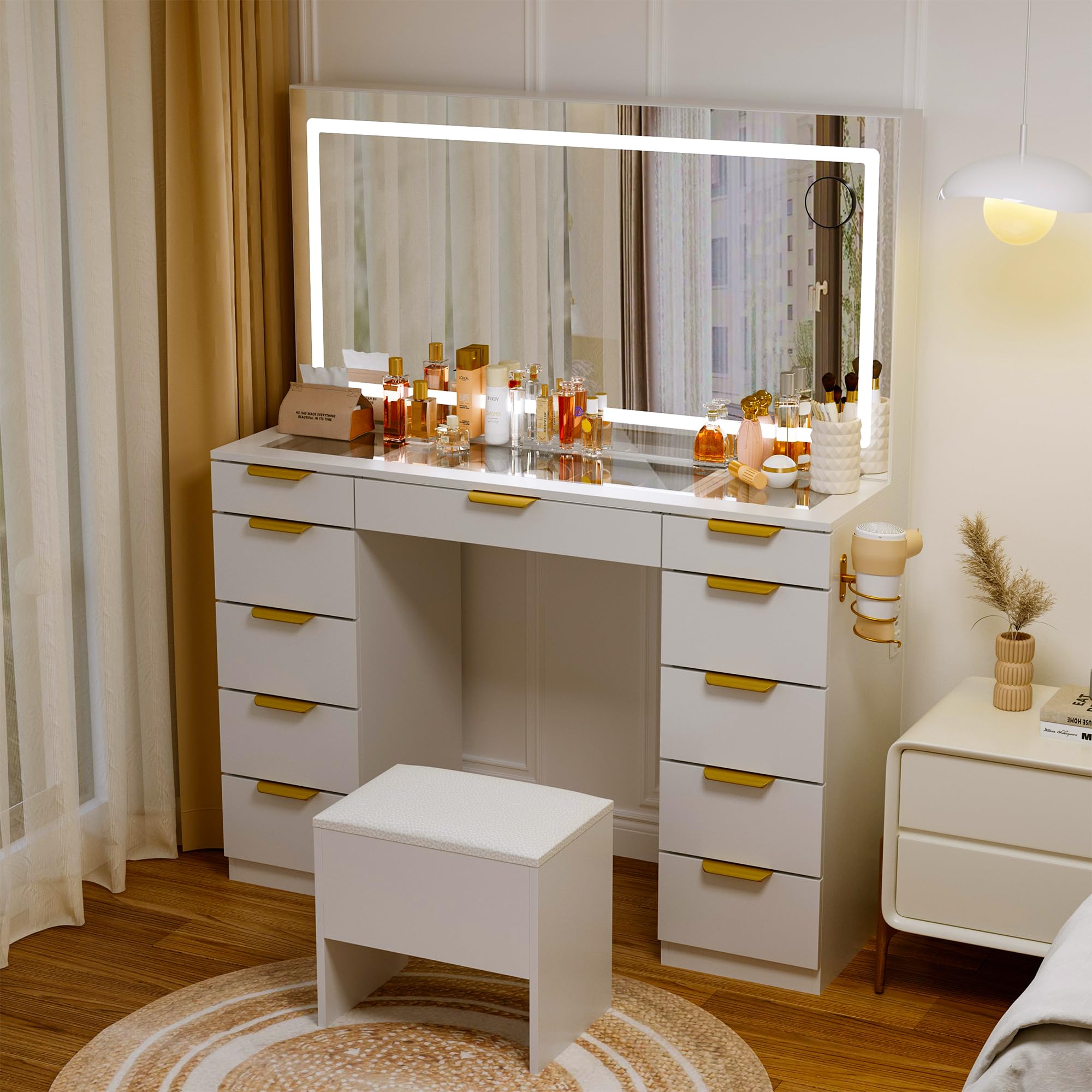 Pamapic 11-Drawer Vanity Desk with Golden Handles - Upgraded Silent Slides, LED Mirror with 3 Lighting Modes, Glass Top Makeup Vanity Set with Chair & Portable Mirror, USB Charging Station - Perfect for Bedroom, Dressing Room & Home Beauty Salon