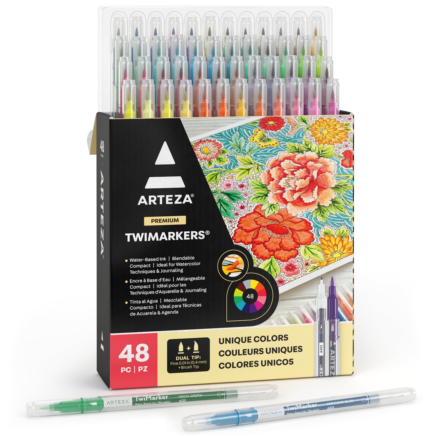 ARTEZA 48-Piece Dual Tip Brush Markers Set - Fine & Brush Tip Art Markers for Adult Coloring, Calligraphy, Sketching, Doodling - Perfect for Artists, Illustrators & Craft Enthusiasts