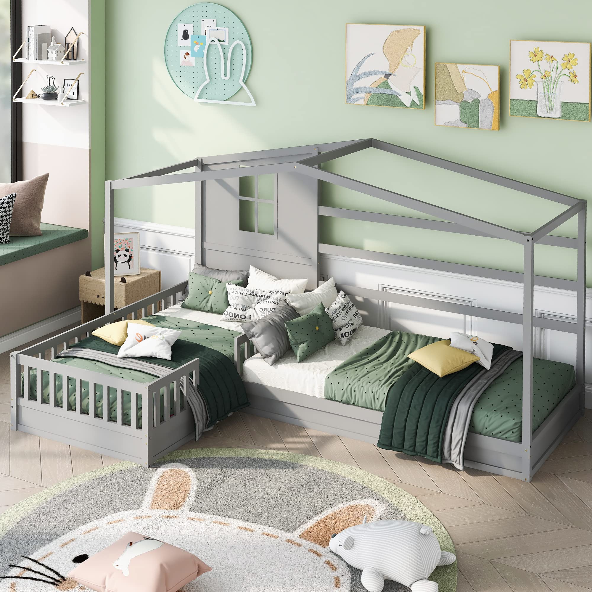 MERITLINE L-Shaped Twin Beds for Kids - Wooden Bunk Beds with Safety Fence & Playhouse Roof - Space-Saving Corner Bedroom Furniture for Siblings - No Box Spring Needed (Gray) - Perfect for Shared Kids' Rooms & Small Spaces