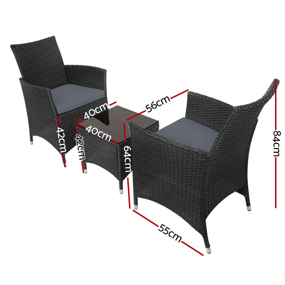 3-Piece Outdoor Bistro Set - All Black Wicker Patio Furniture with Cushions - Perfect for Garden, Balcony & Backyard Dining