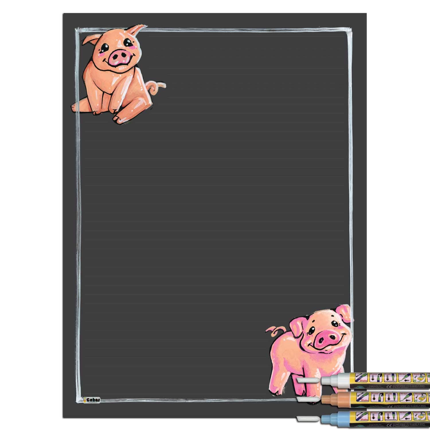Farm Theme Magnetic Chalkboard with Pig Chalk Art - 12x16 Inch Lined Chalkboard Set Includes 3 Pastel Liquid Chalk Markers - Perfect for Kitchen, Classroom, or Kids' Room Decor & Creative Writing