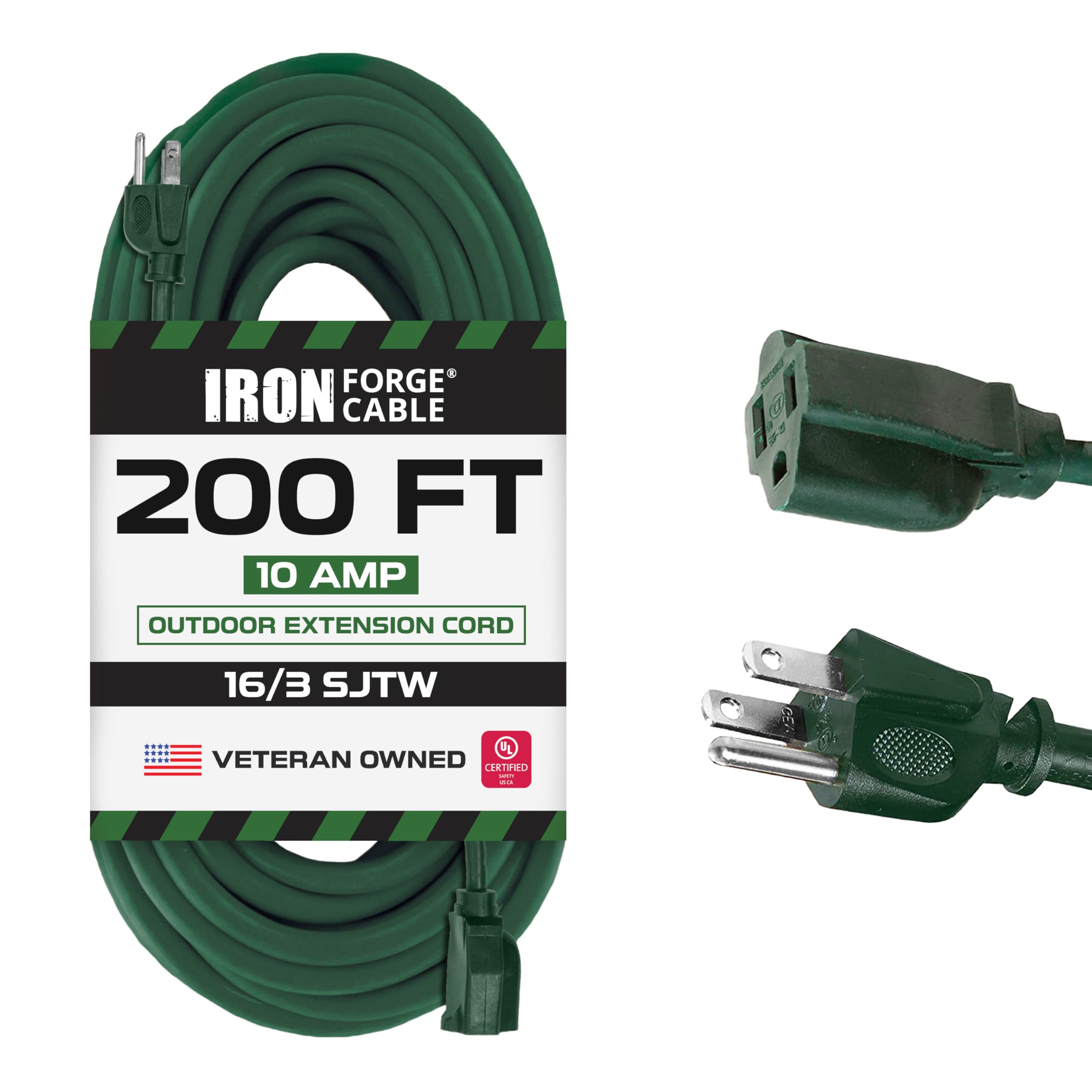 Heavy Duty 200 ft Outdoor Extension Cord - 16/3 SJTW Weatherproof Power Cable with 3 Prong Plug for Outdoor Lights, Lawn Equipment & Landscaping | US Veteran Owned | Perfect for Backyard, Garden & Construction Sites