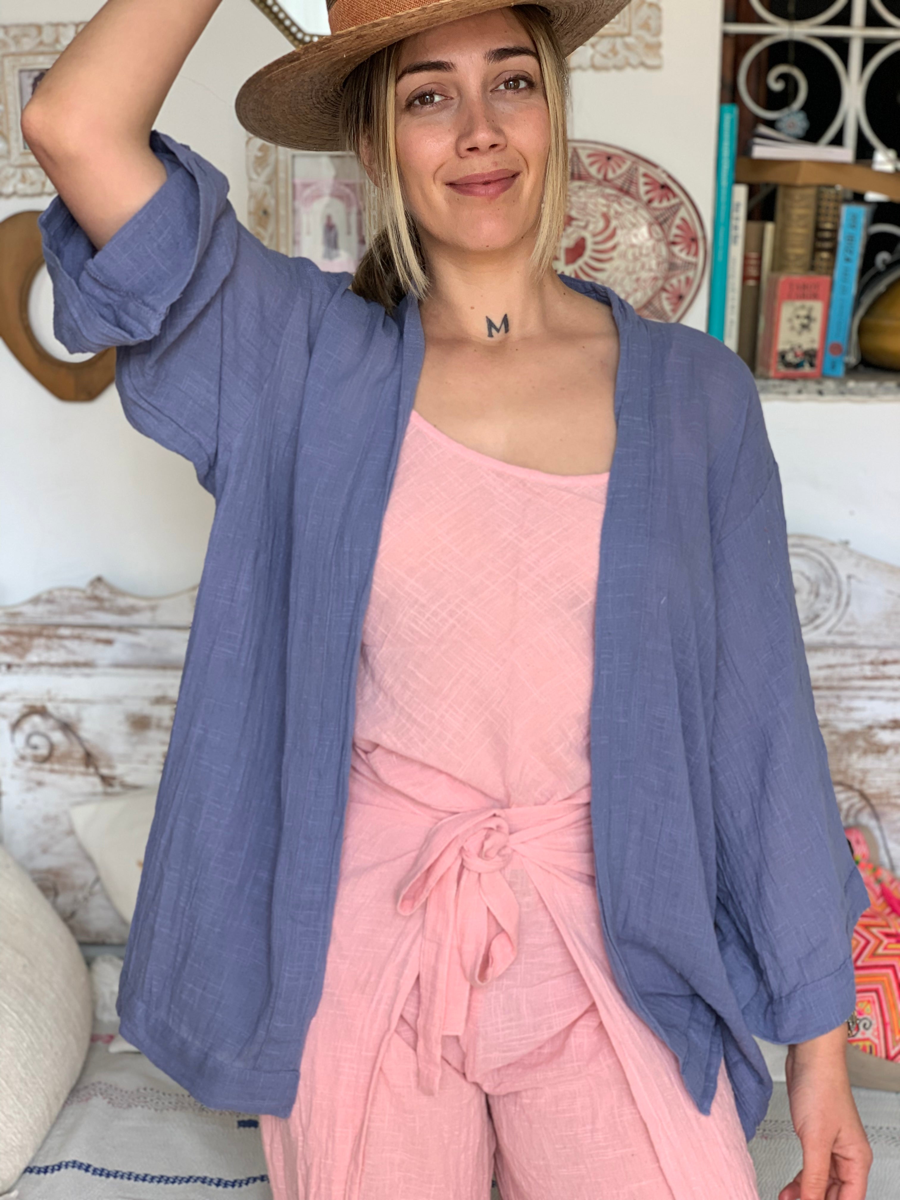 Boho Short Kimono in Blue - Lightweight Cover Up for Beach, Pool, or Festival | Ibiza Style Floral Print Kimono Robe
