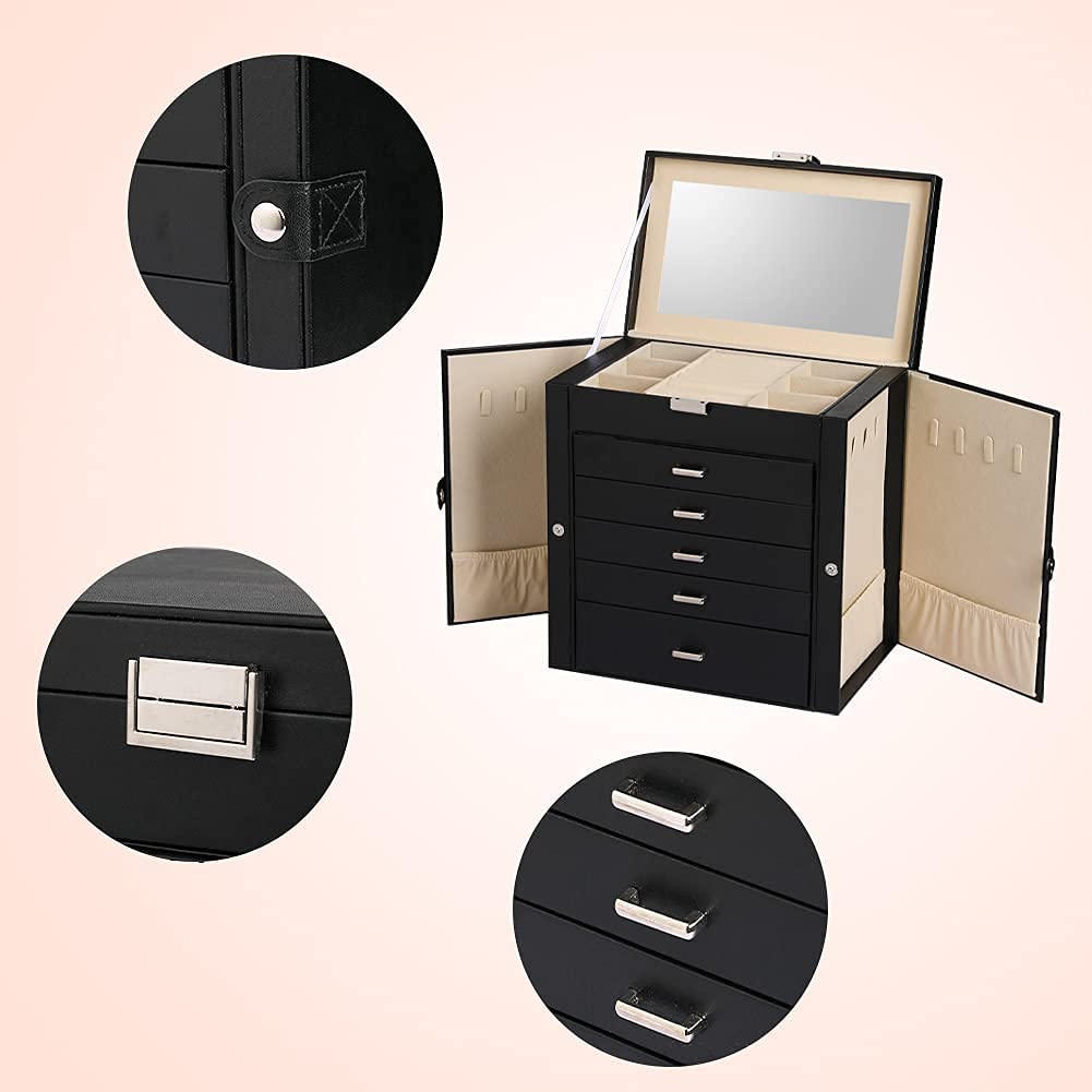 Frebeauty 6-Tier PU Leather Jewelry Organizer with Mirror & 5 Drawers - Perfect for Necklaces, Bracelets & Watches Storage