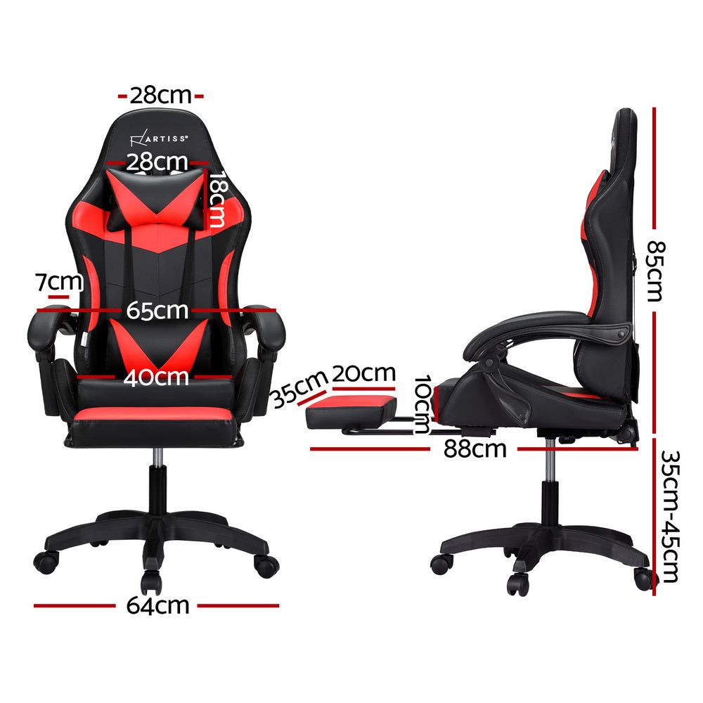 Artiss 6-Point Massage Gaming Office Chair with 7 LED Footrest - Ergonomic Recliner for Home, Work & Gaming - Red