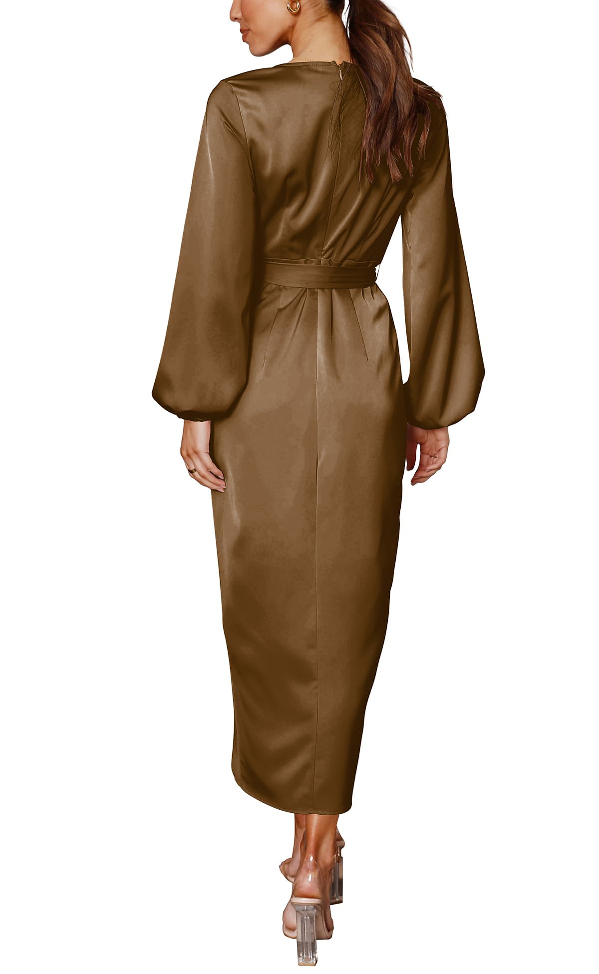 Elegant Women's Long Sleeve V-Neck Tie Waist Split Formal Cocktail Dress for Wedding Guest, Party, Evening Gown & Special Occasions