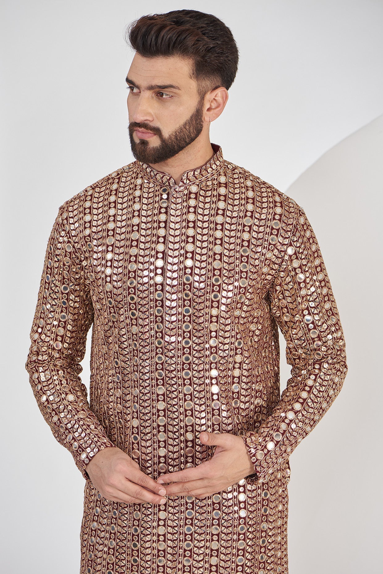 Elegant Maroon Mirrorwork Kurta with Golden Zari Embroidery - Perfect for Festivals, Weddings & Ethnic Parties
